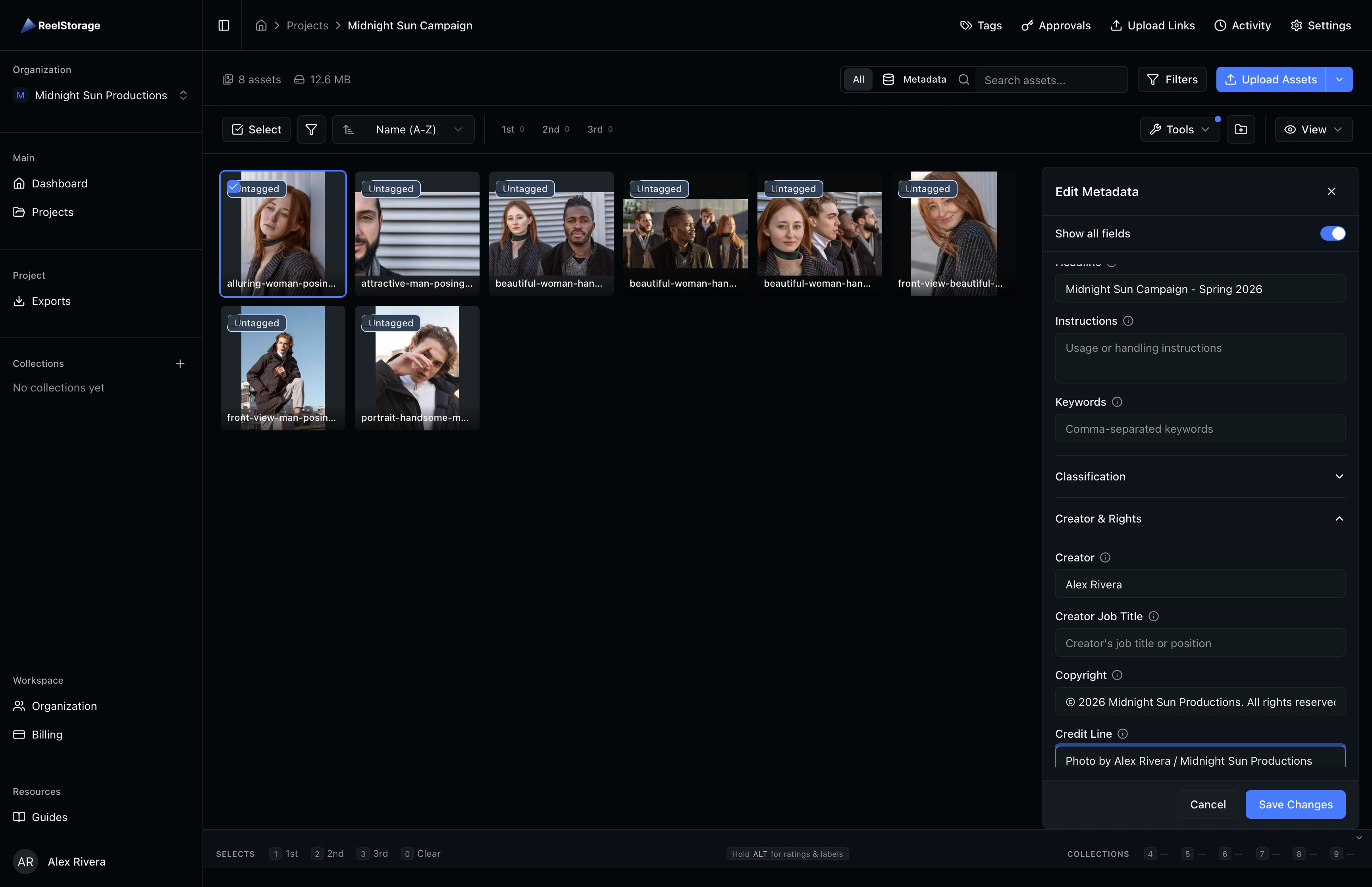 Creator and Rights section expanded with creator name, copyright notice, and credit line filled in