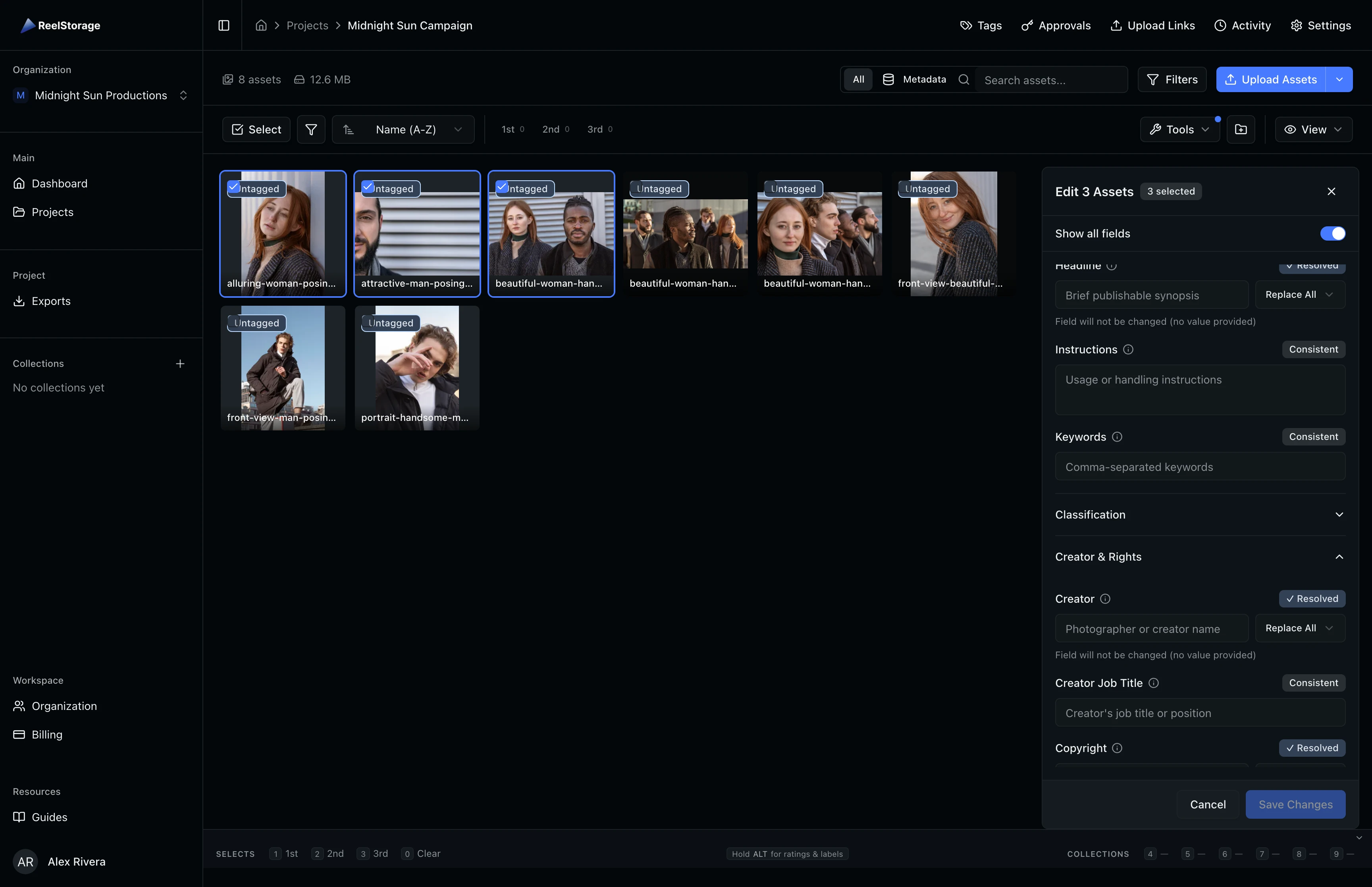 Metadata editor in bulk mode showing Edit 3 Assets header with conflict badges on differing fields