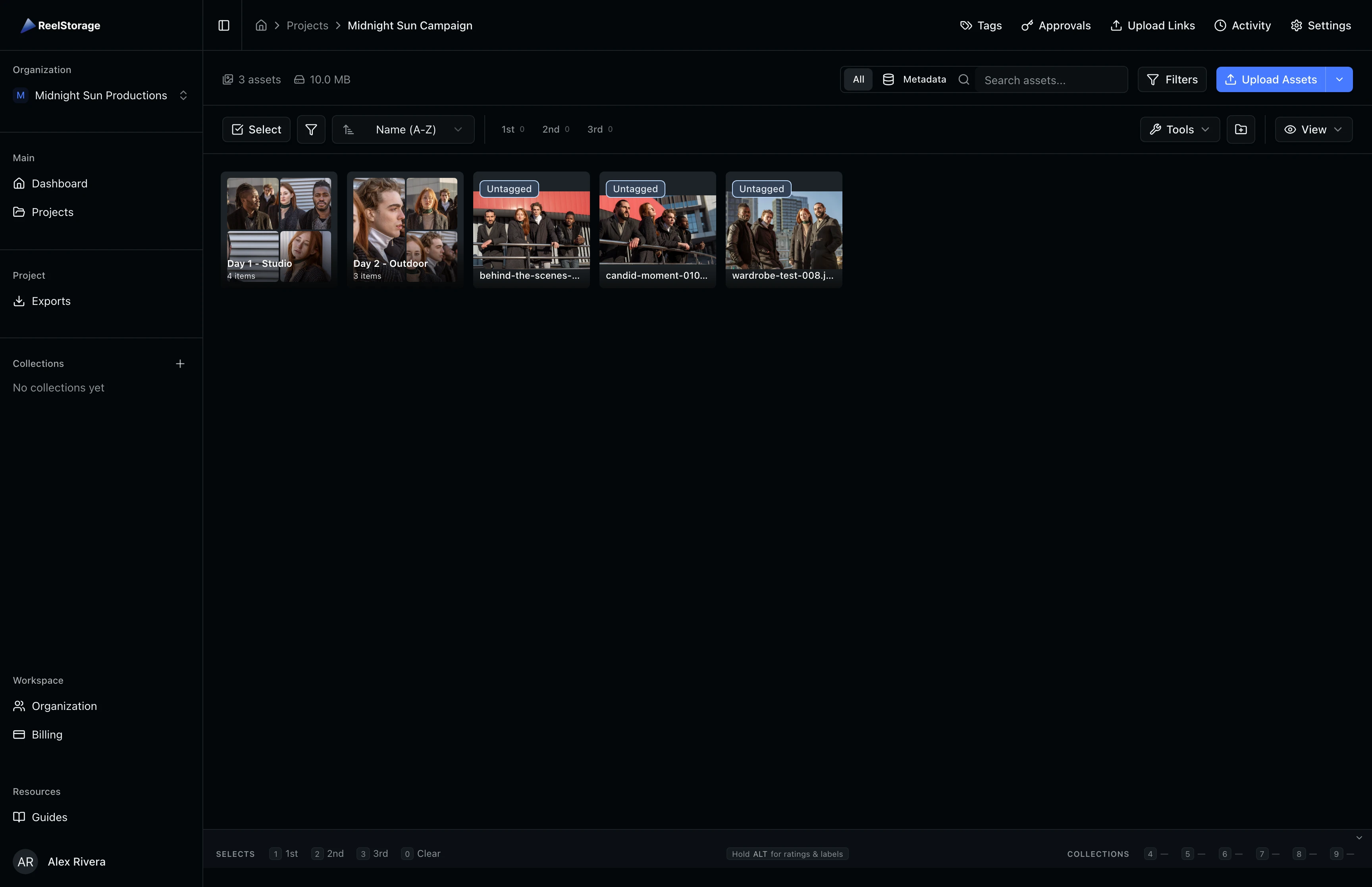 Project page showing the asset grid with folder cards at the top