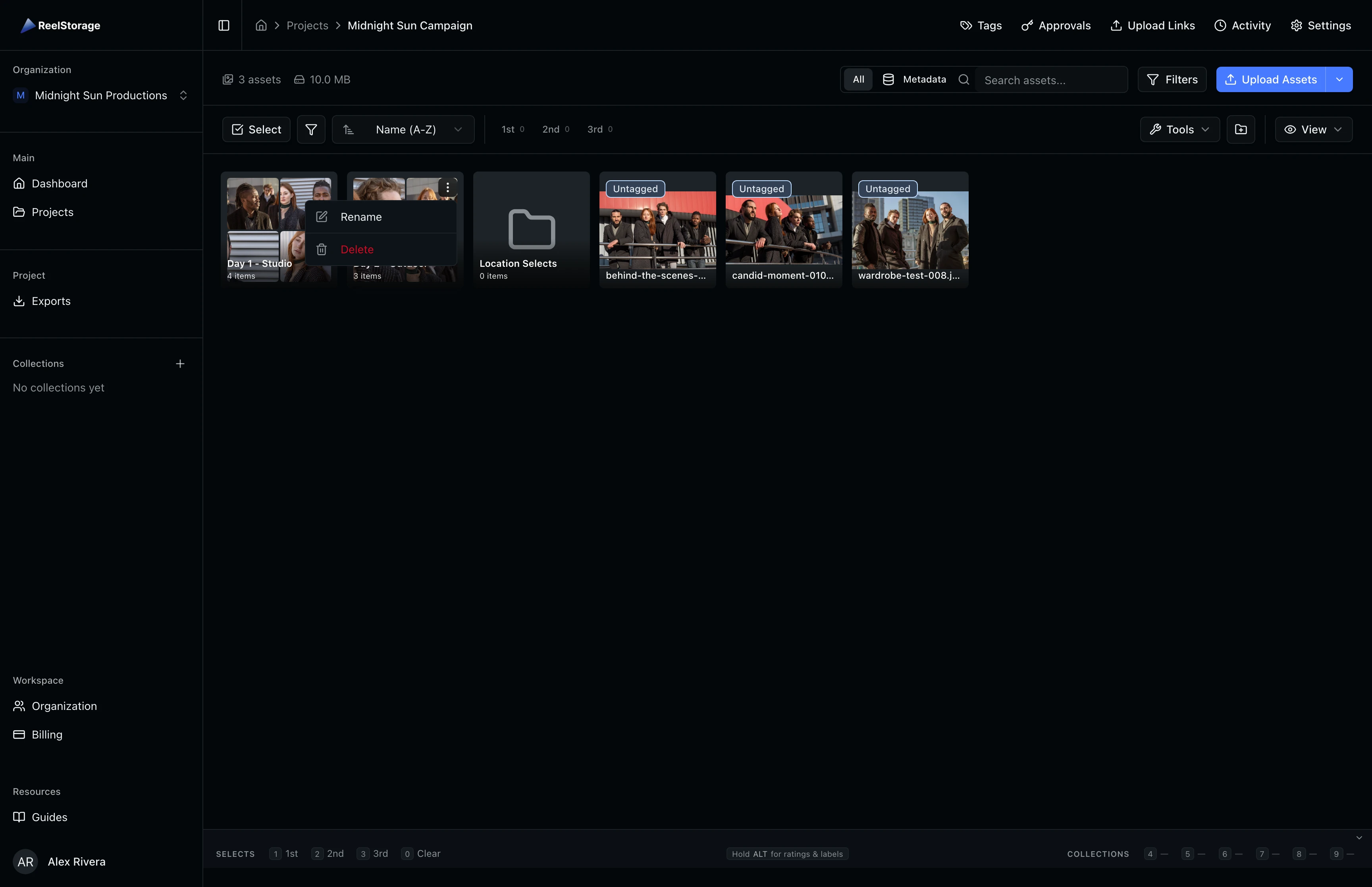 Folder actions dropdown showing Open Folder, Rename, Download All, and Delete Folder options