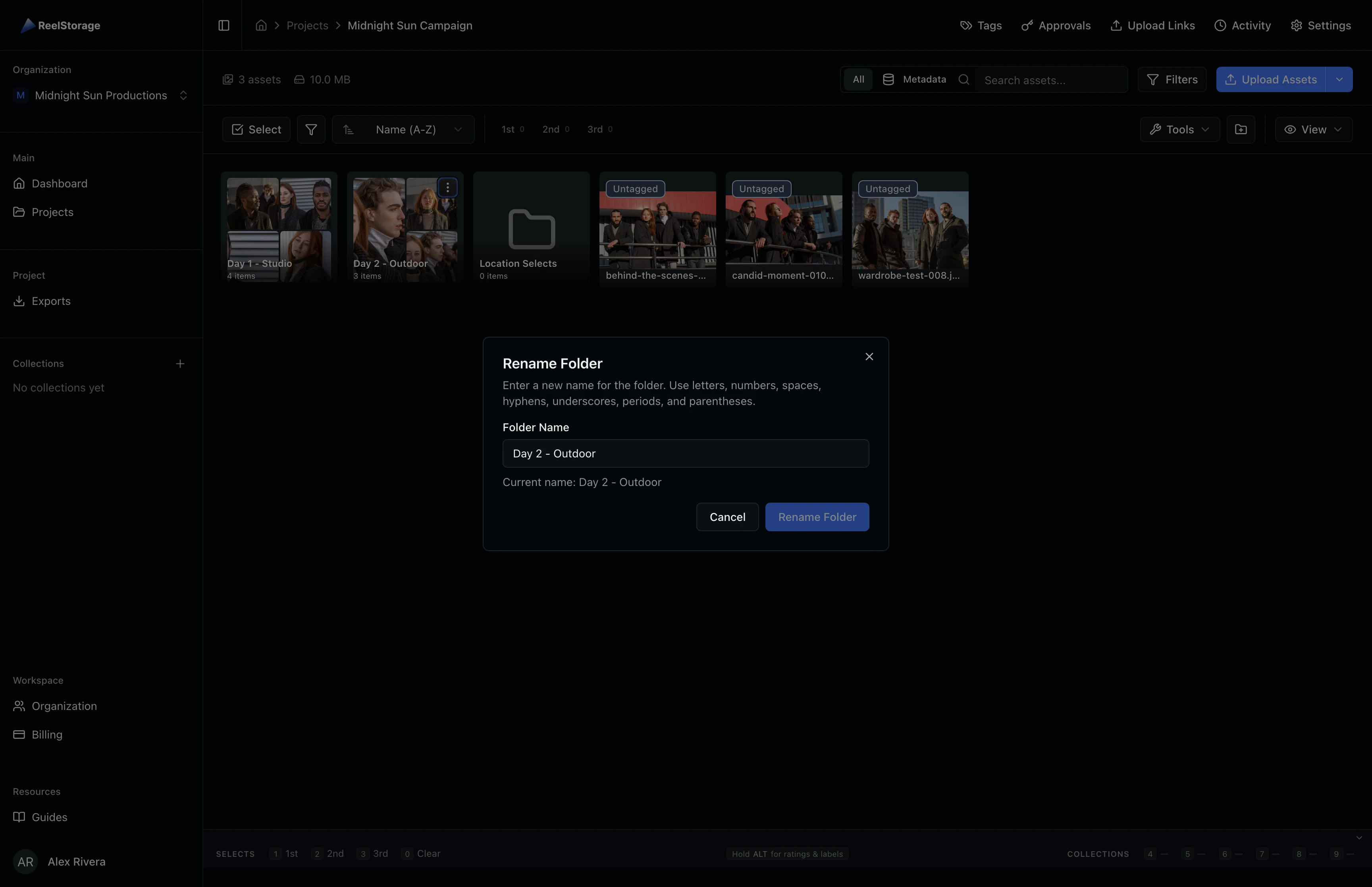 Rename folder dialog with the current folder name and a Rename button