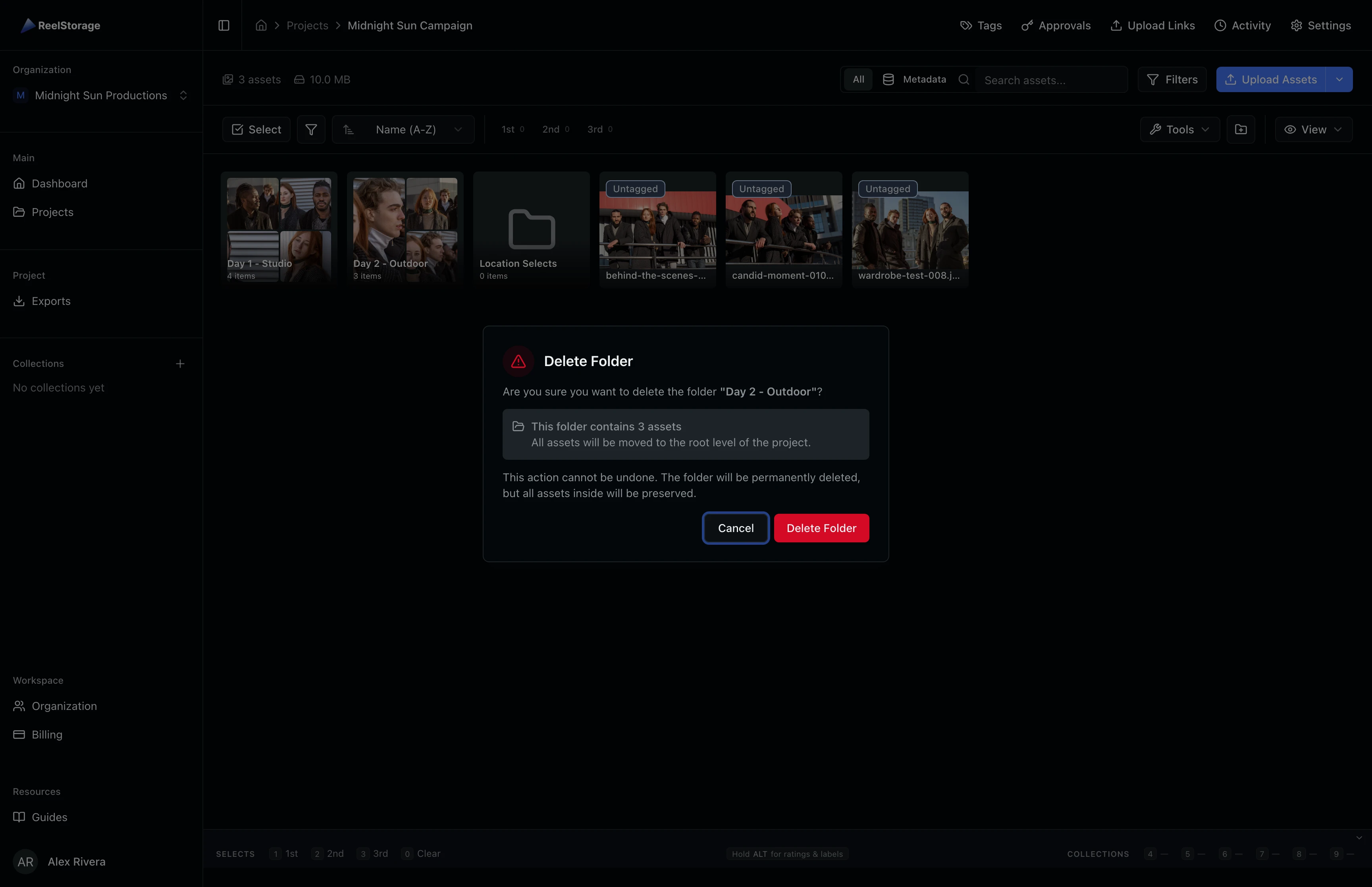 Delete folder confirmation dialog showing the asset count and warning