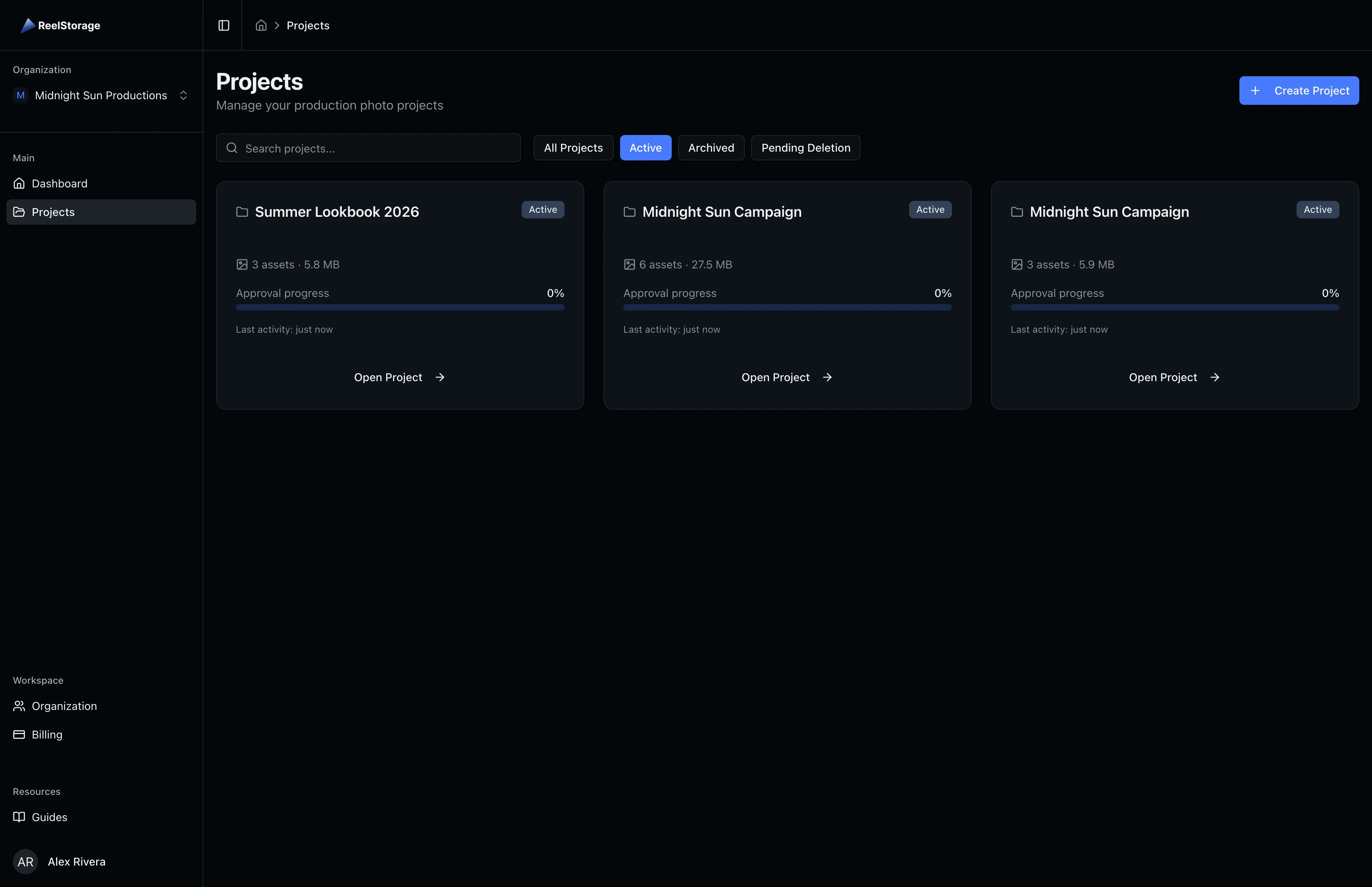 Projects listing page showing project cards in a grid layout with search and filter controls