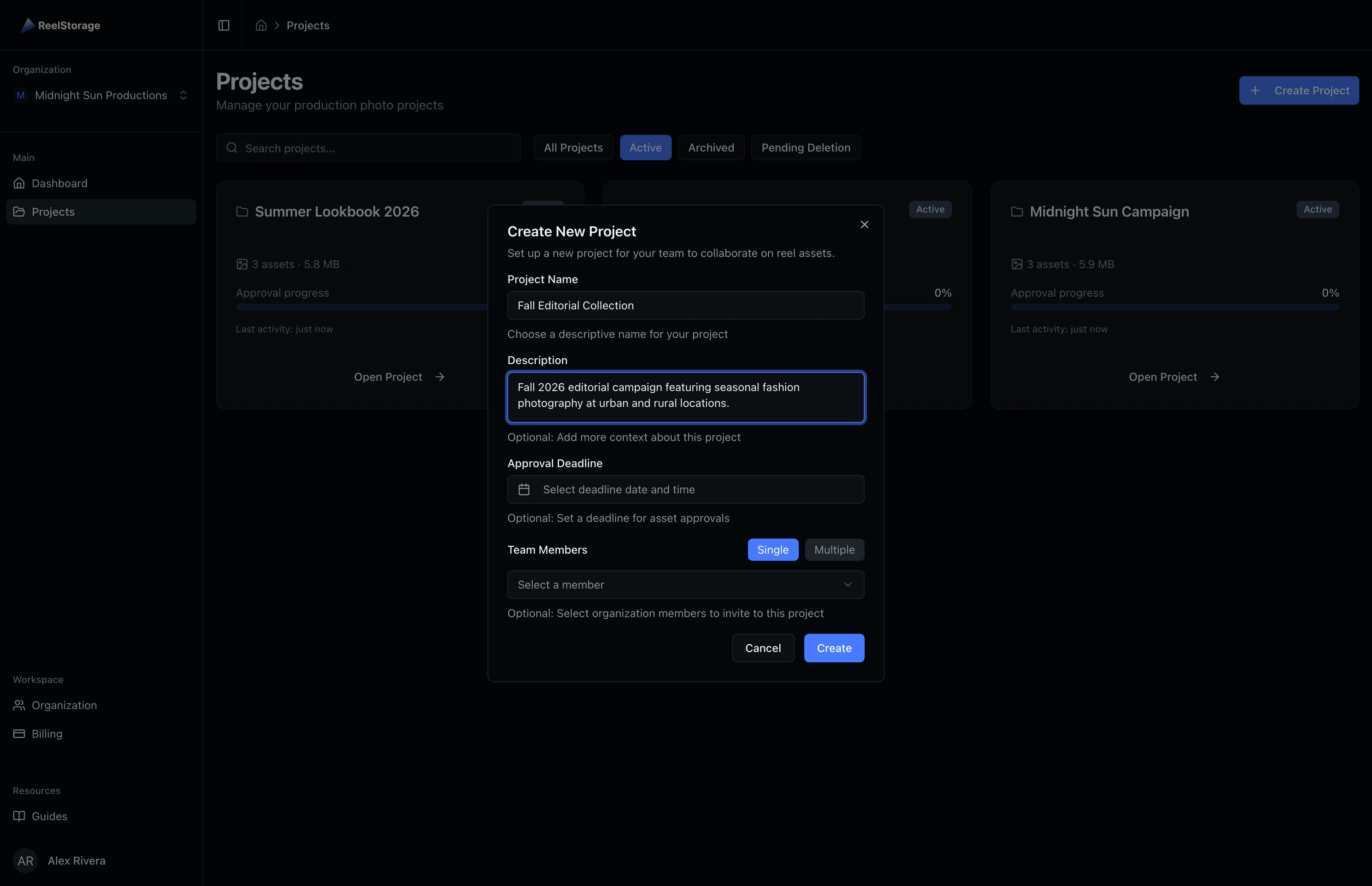 Create New Project dialog with fields for project name, description, approval deadline, and team member assignment