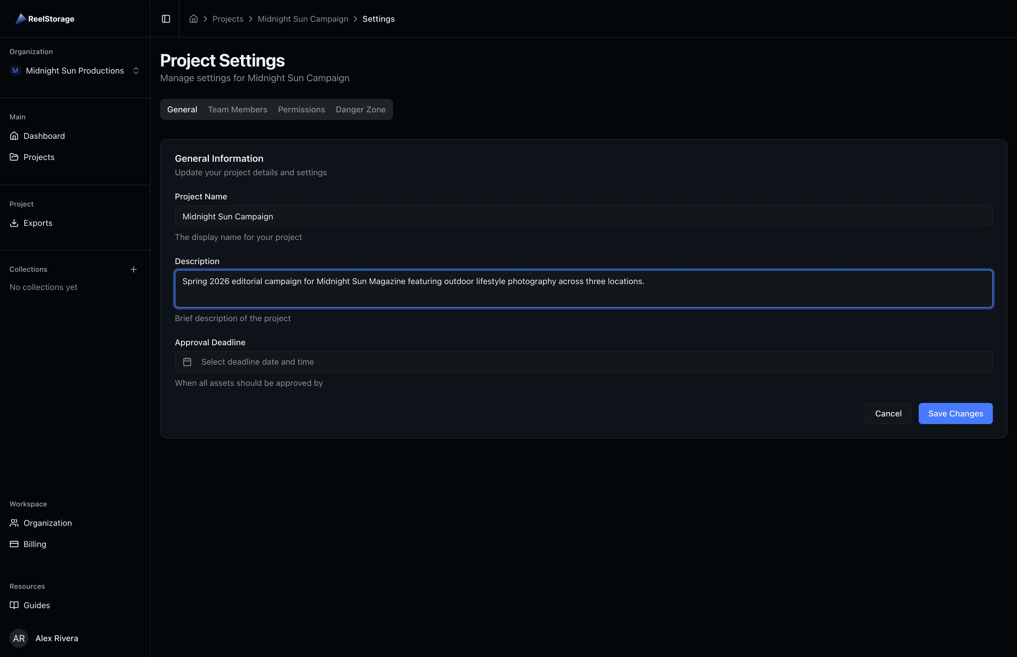 Project settings General tab showing editable fields for name, description, and approval deadline