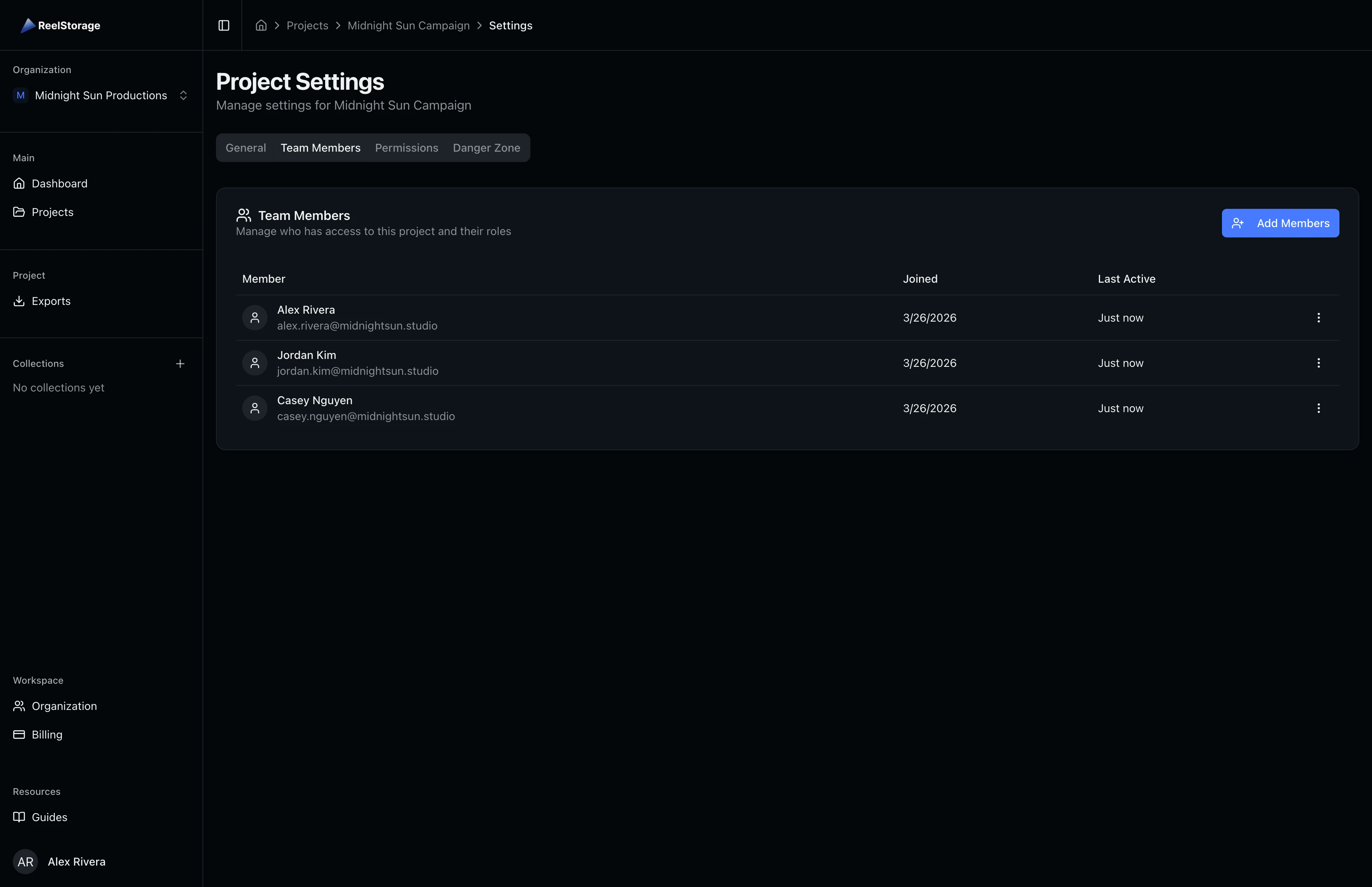 Team Members tab showing the list of project members with their names and join dates