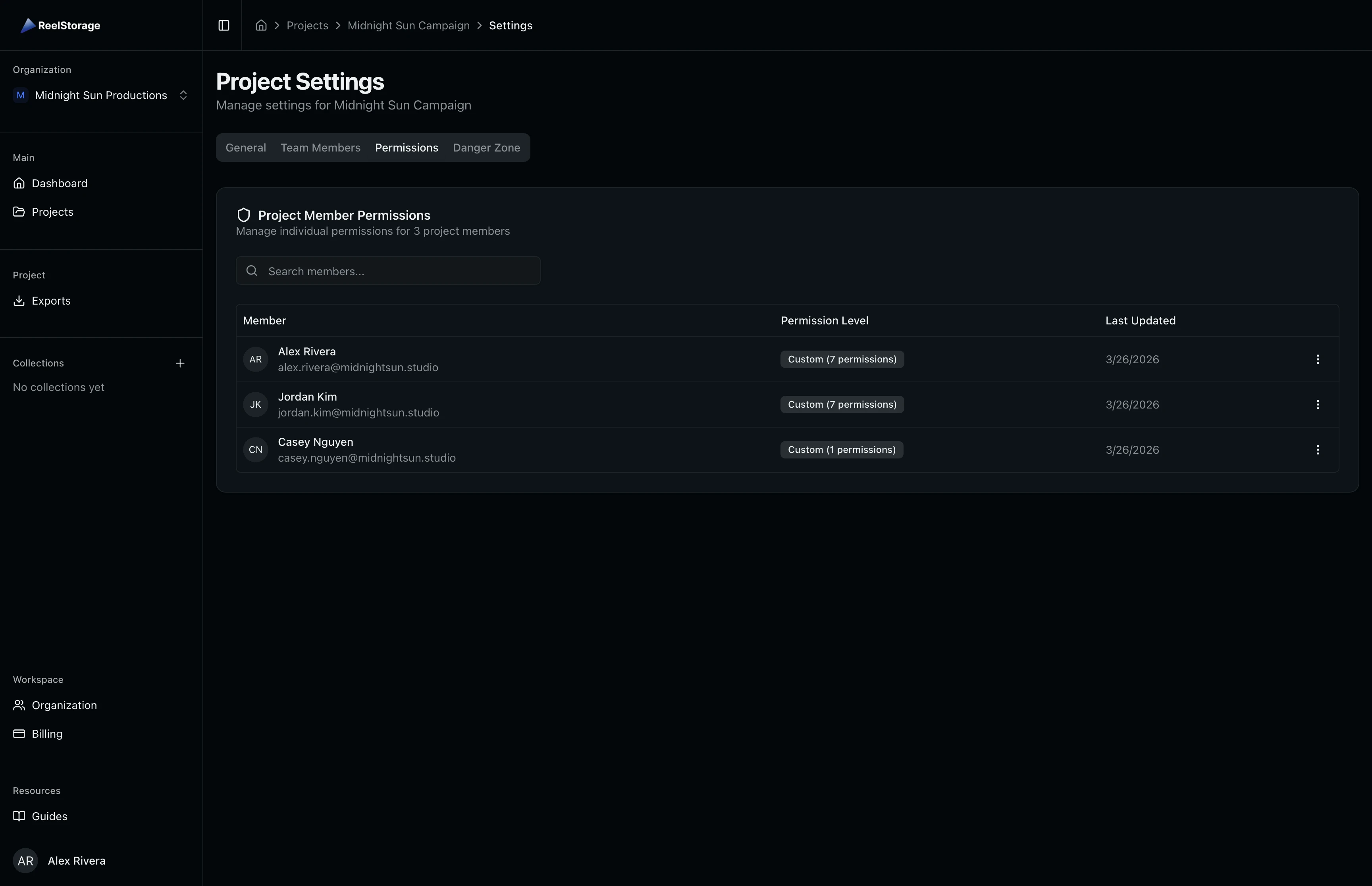 Permissions tab showing project members with their permission levels and edit options