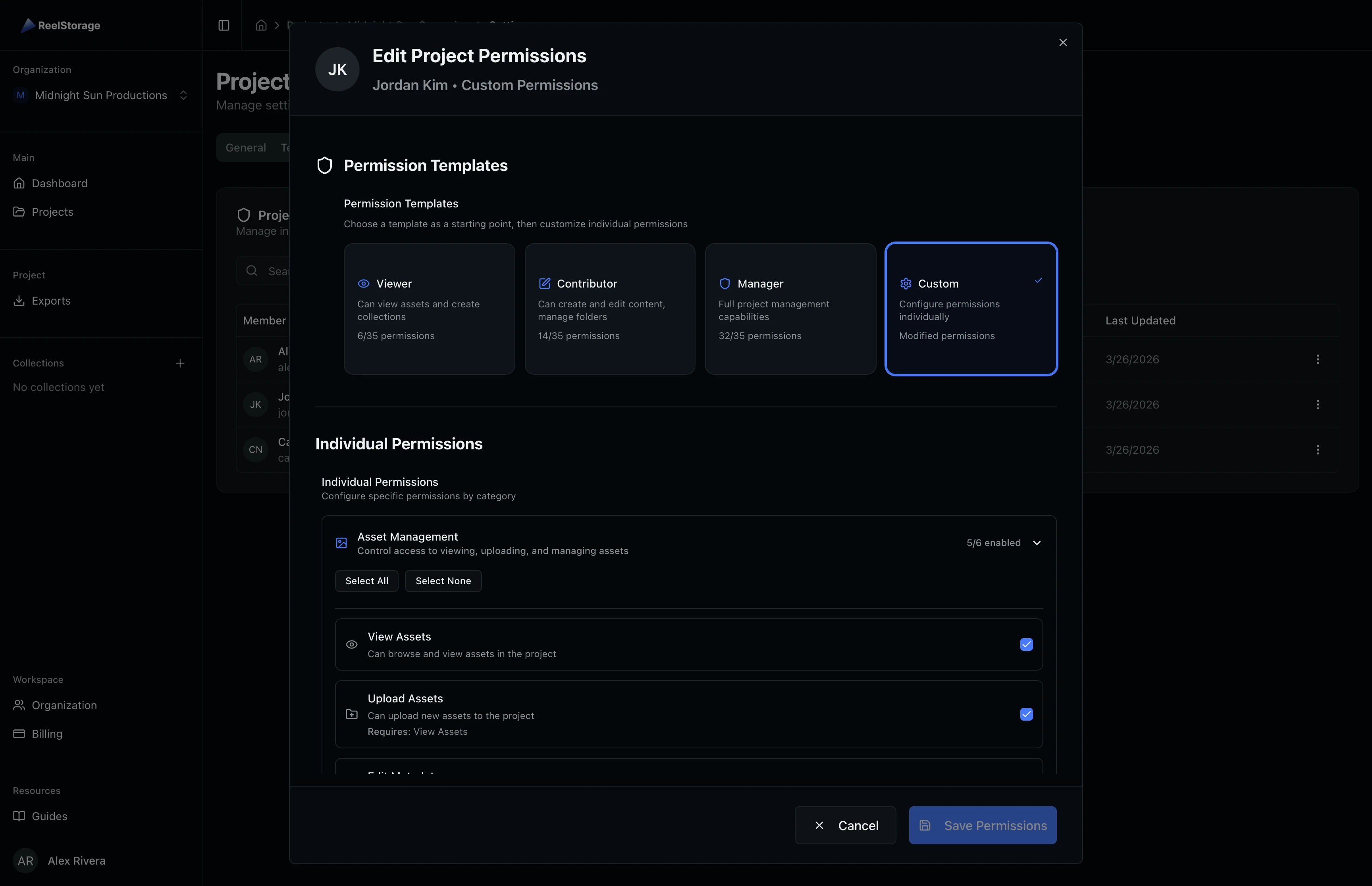 Edit Permissions dialog showing permission templates and individual permission toggles for a team member
