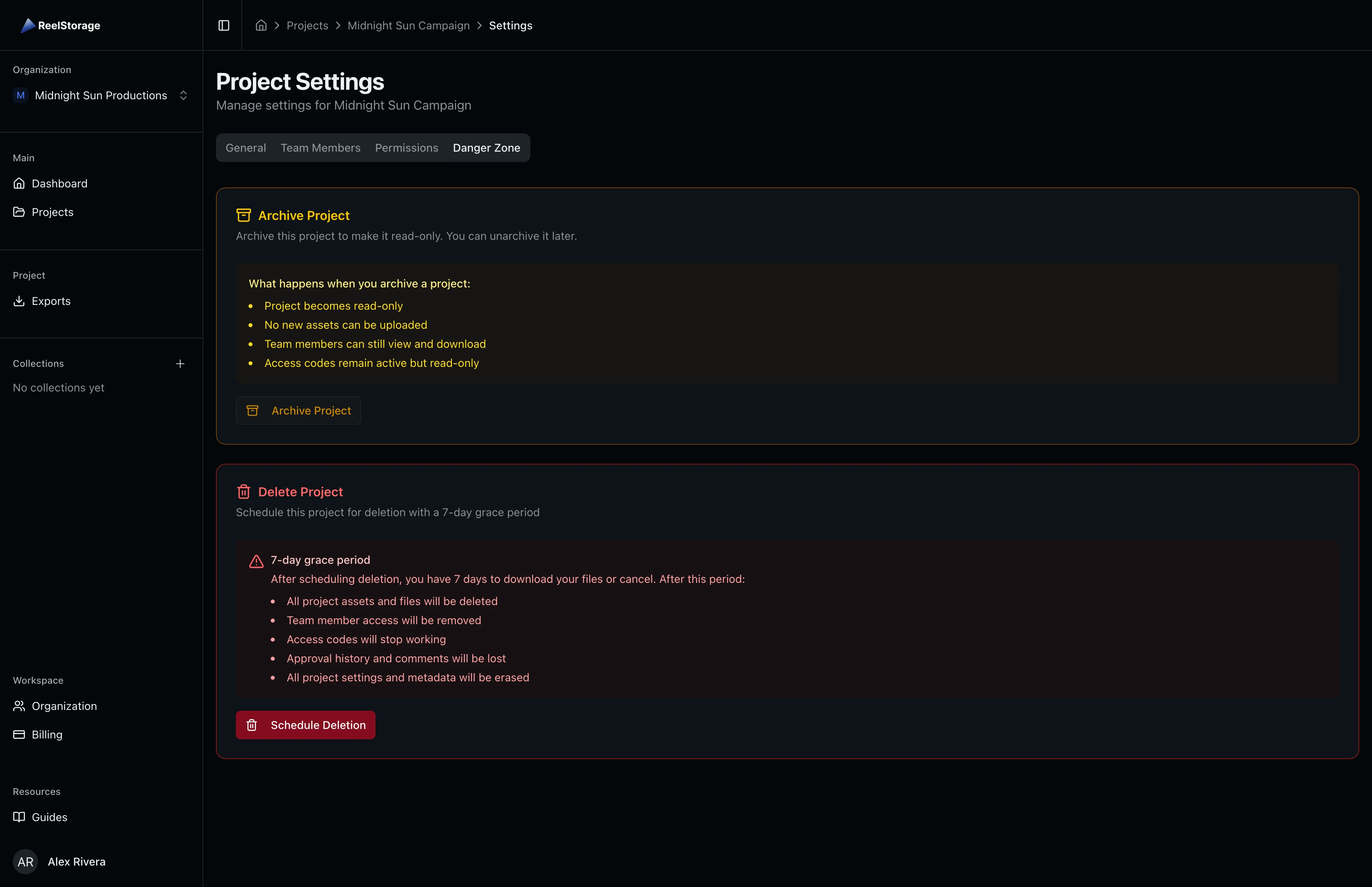 Danger Zone tab showing Archive Project and Delete Project sections with details about each action