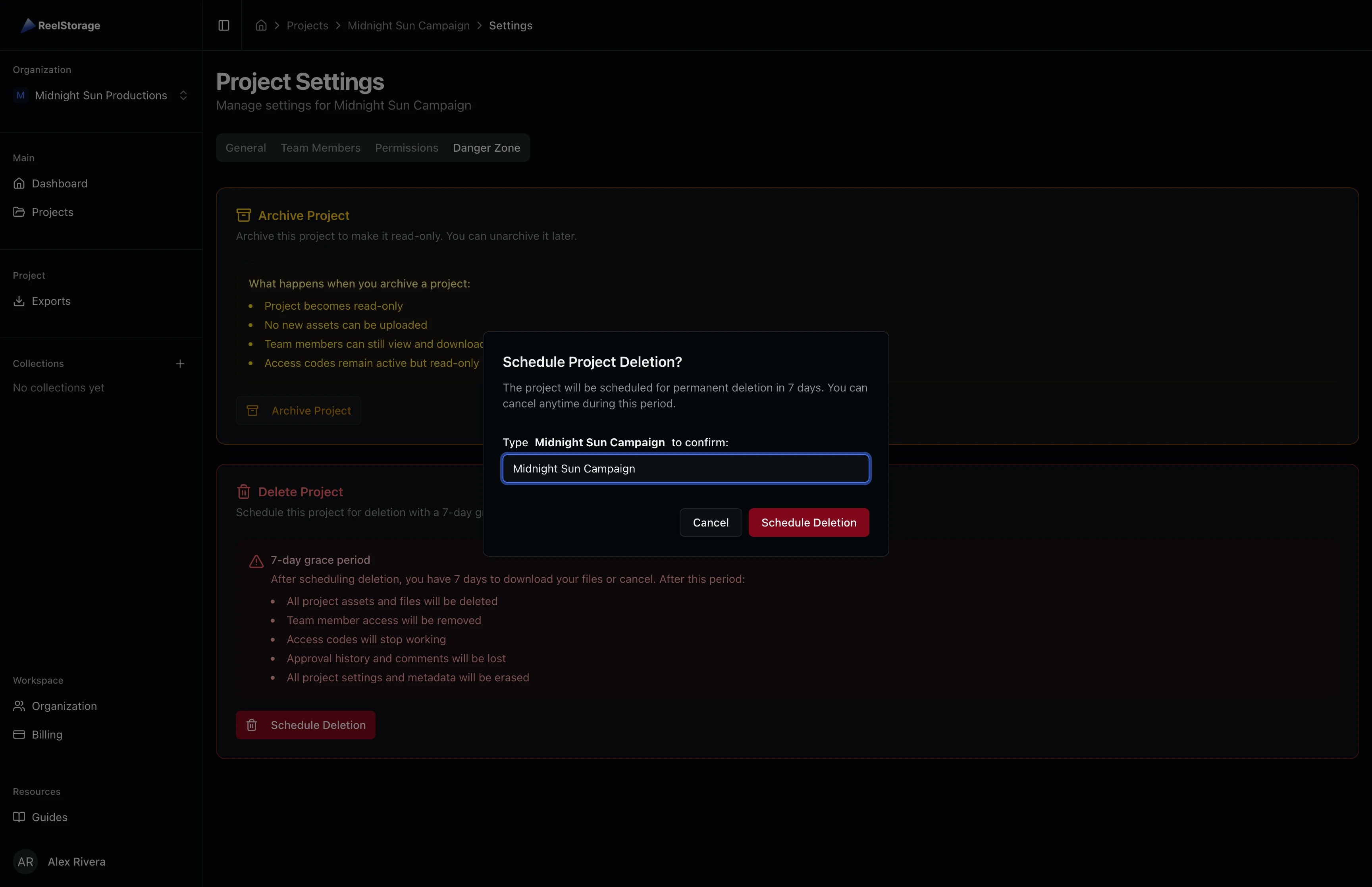 Delete project confirmation dialog requiring the user to type the project name to confirm