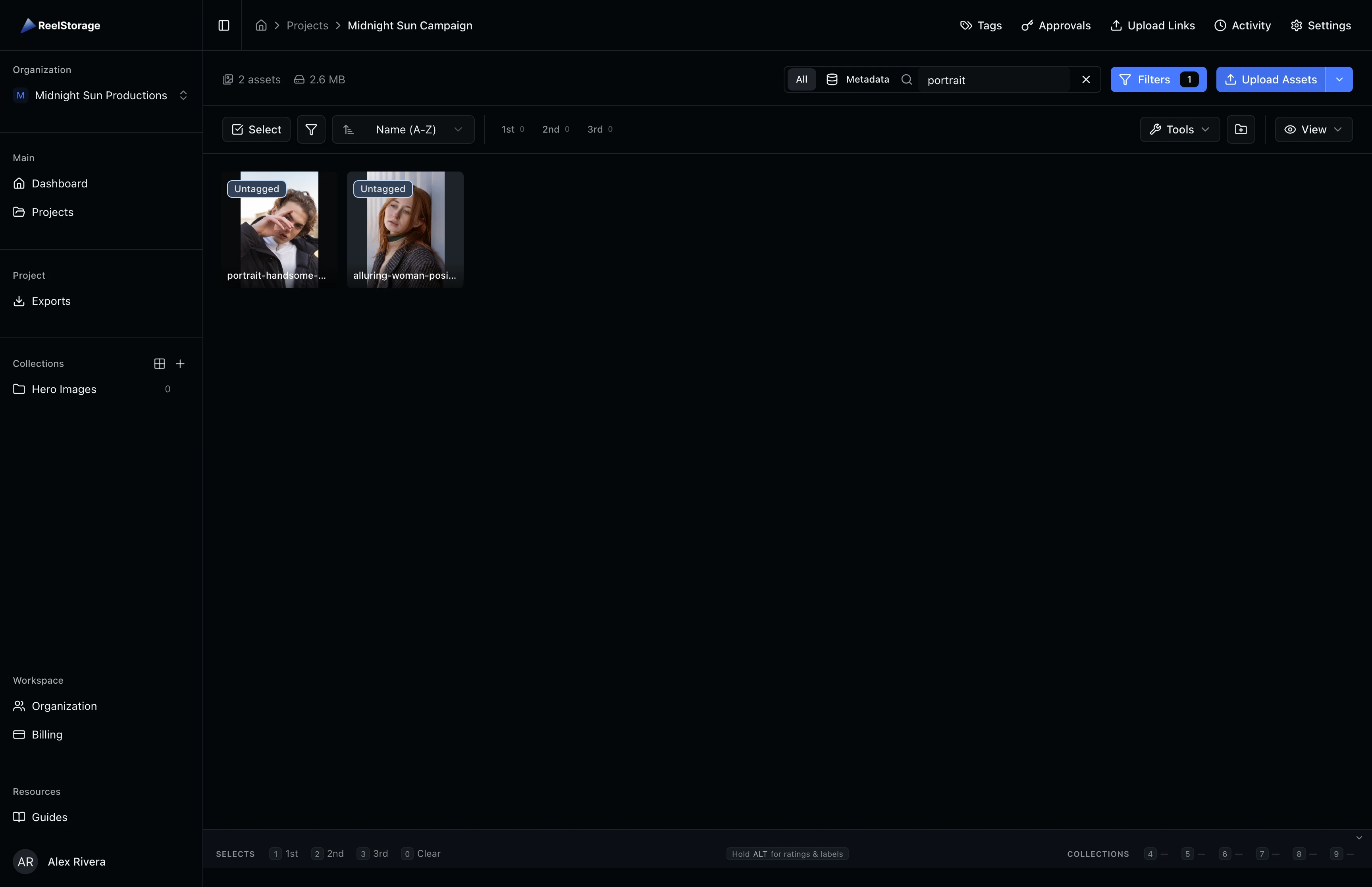 Search bar with 'portrait' query entered and matching results in the asset grid