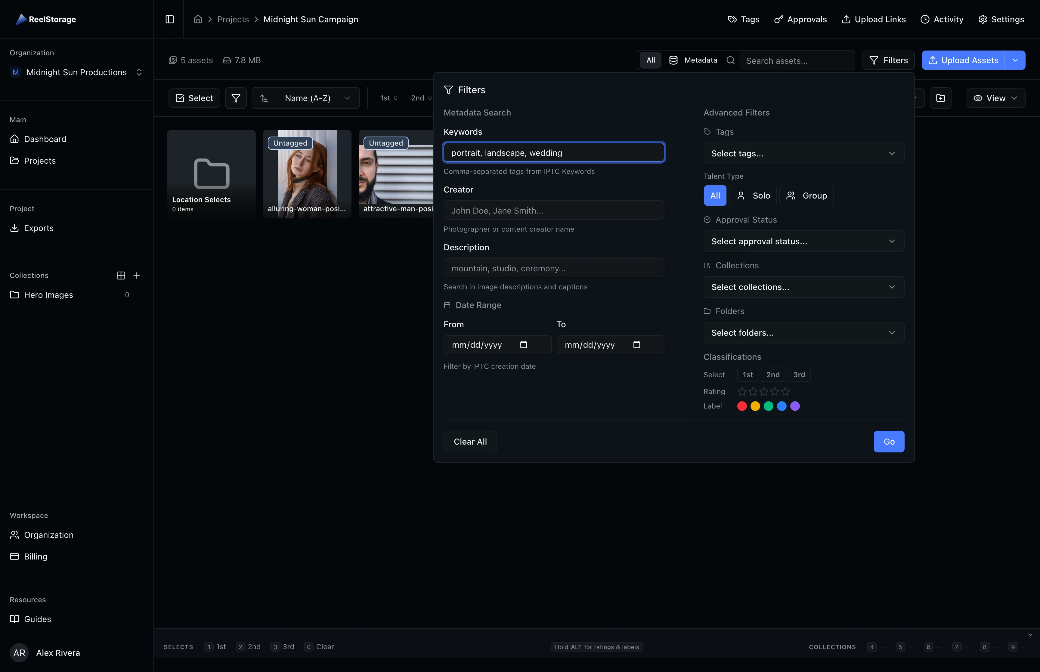 Advanced Filters panel open showing metadata fields on the left and dropdown filters on the right