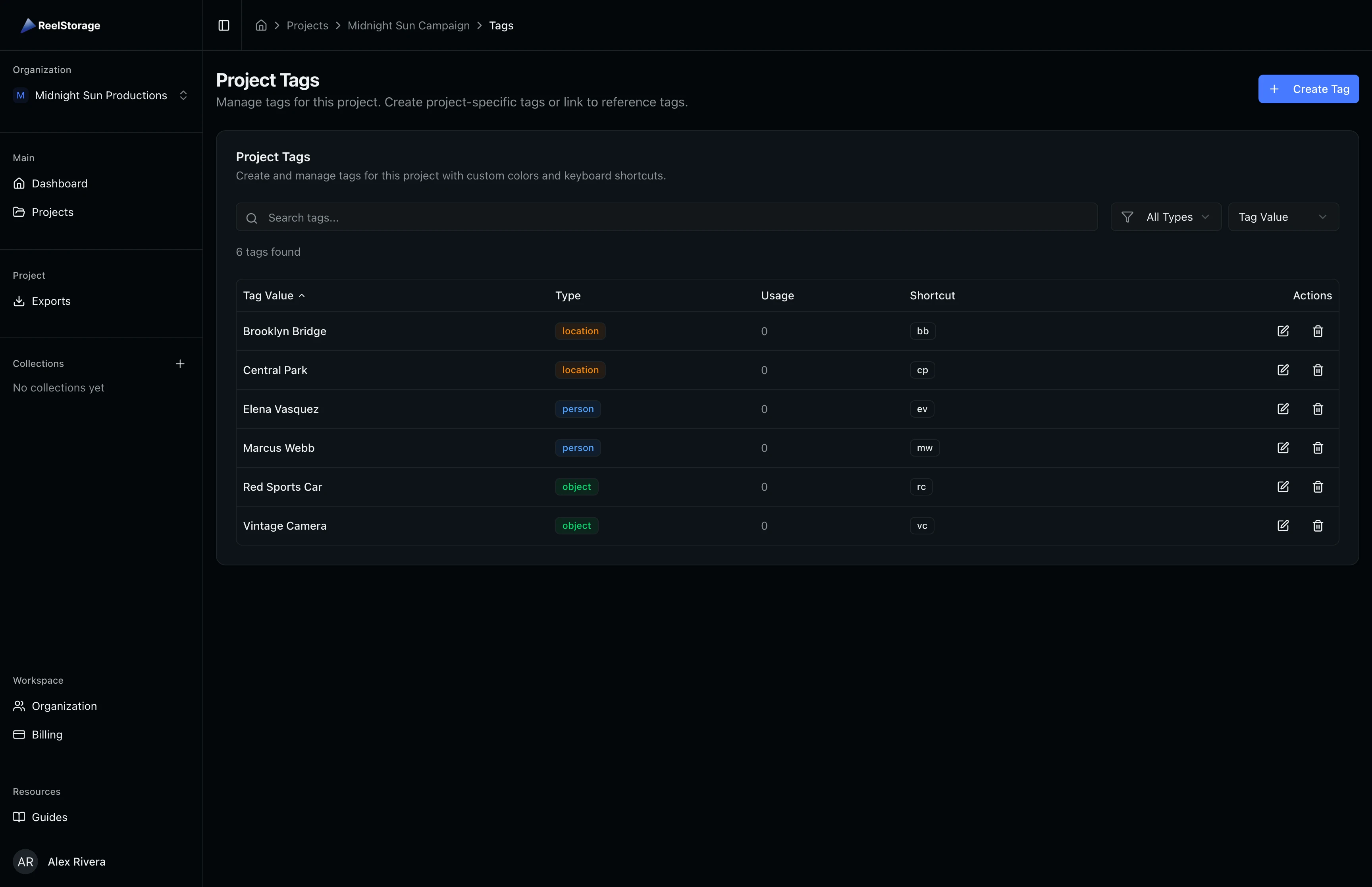 Project tags page showing the tag list table with search and filter controls