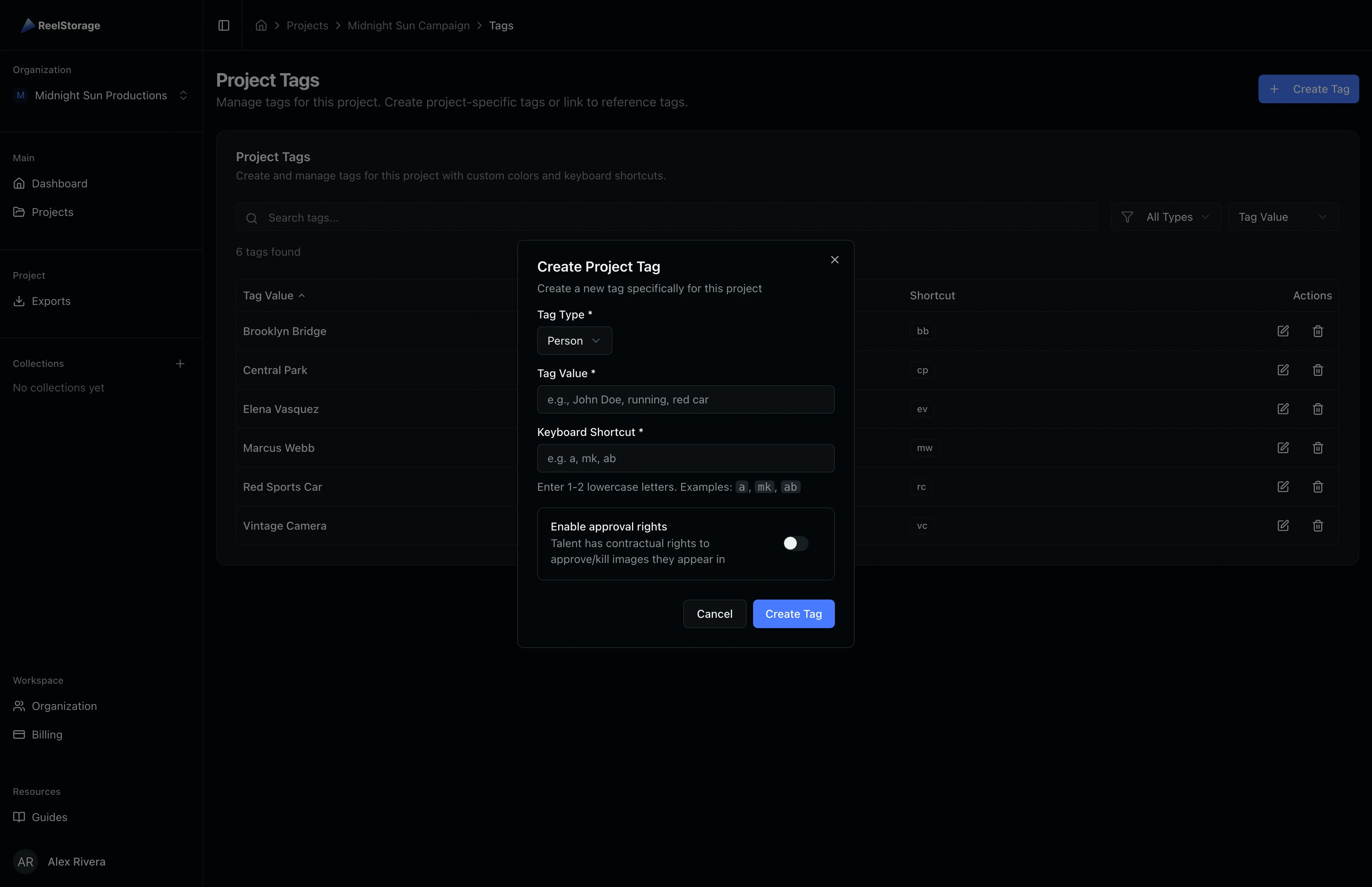Create Project Tag dialog with tag type, value, and keyboard shortcut fields
