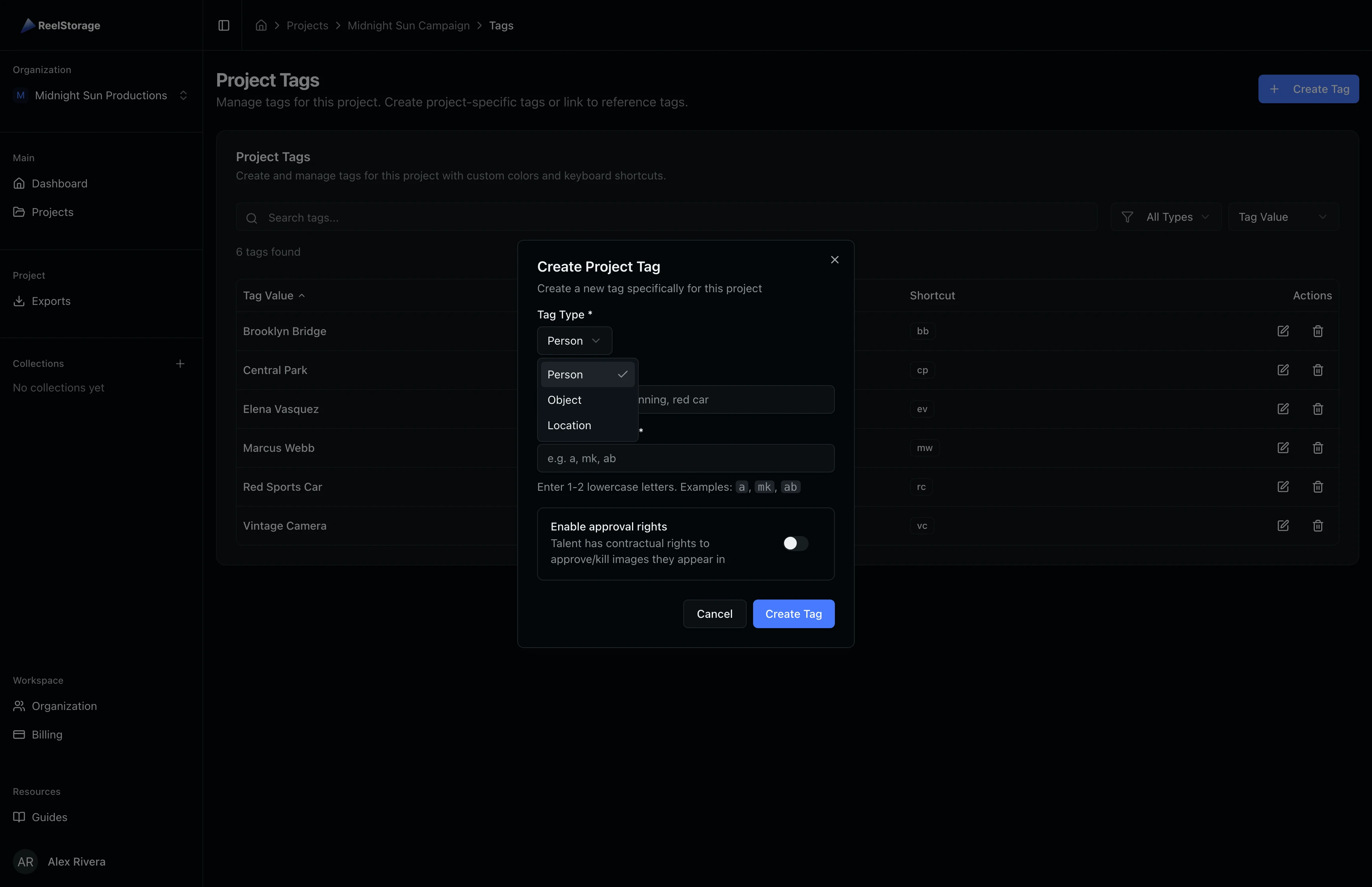 Tag type dropdown showing Person, Object, and Location options
