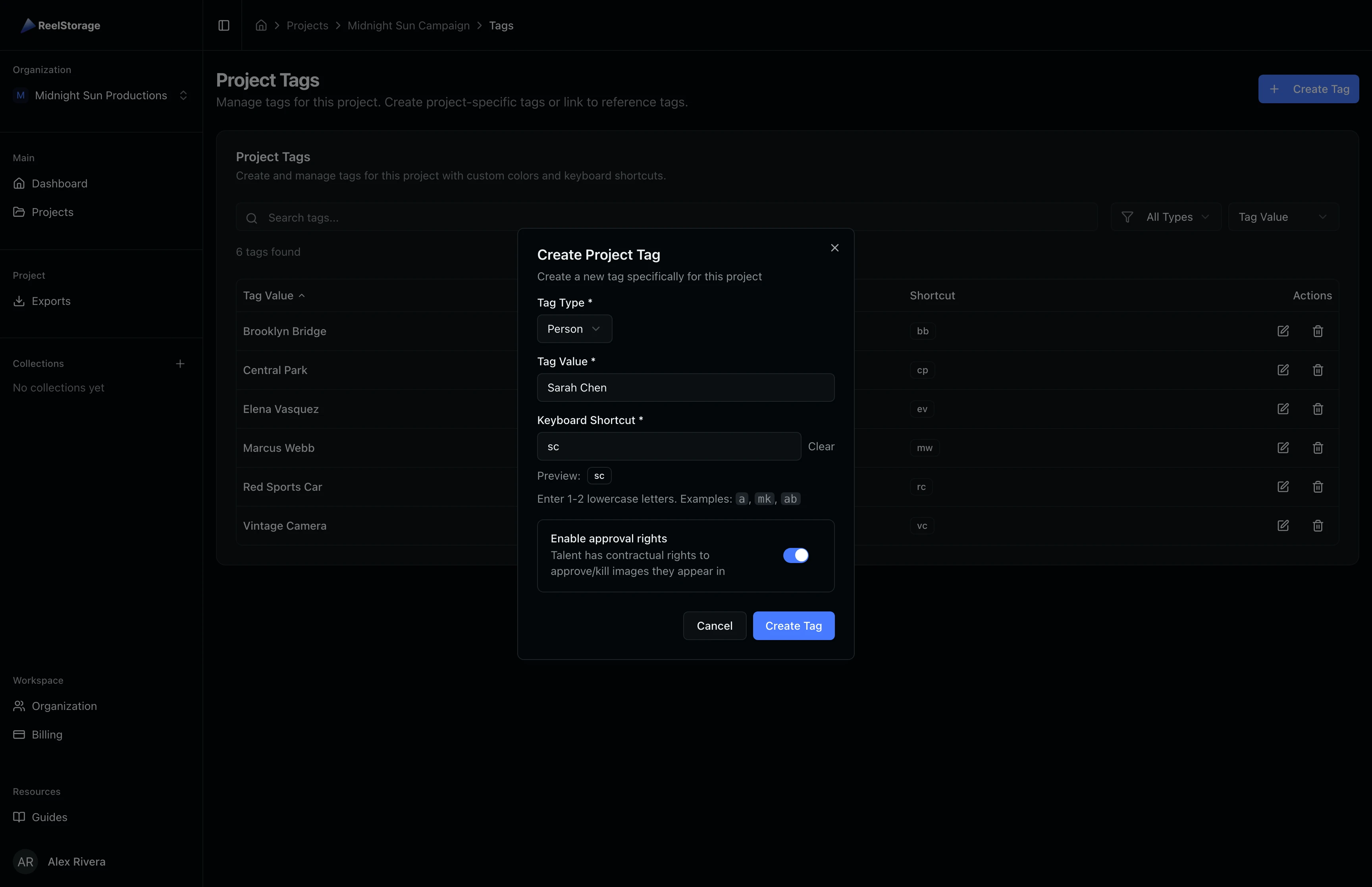 Create tag form filled with a person tag name, keyboard shortcut, and approval rights toggle