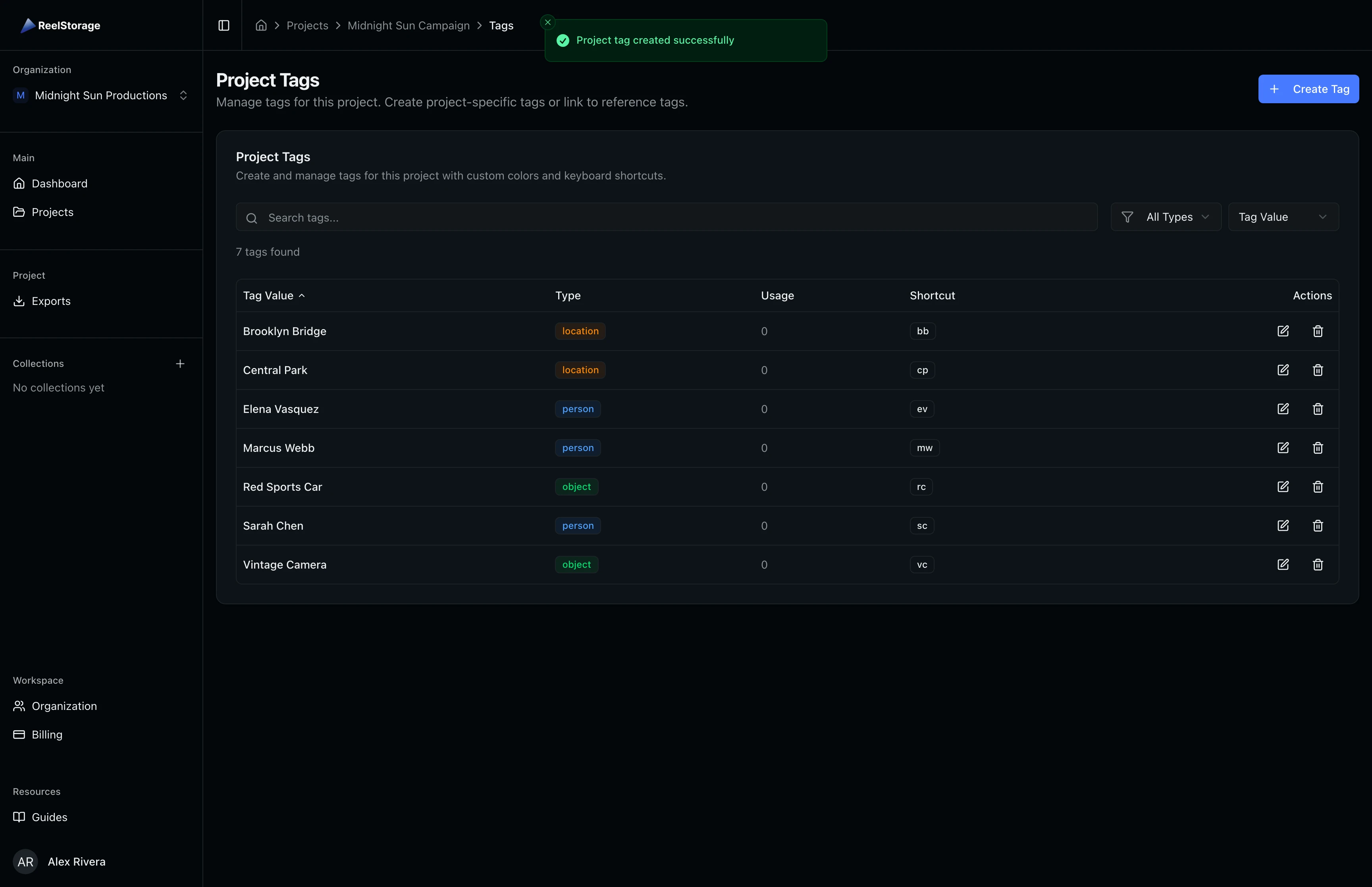 Tag list showing the newly created person tag with type badge and keyboard shortcut