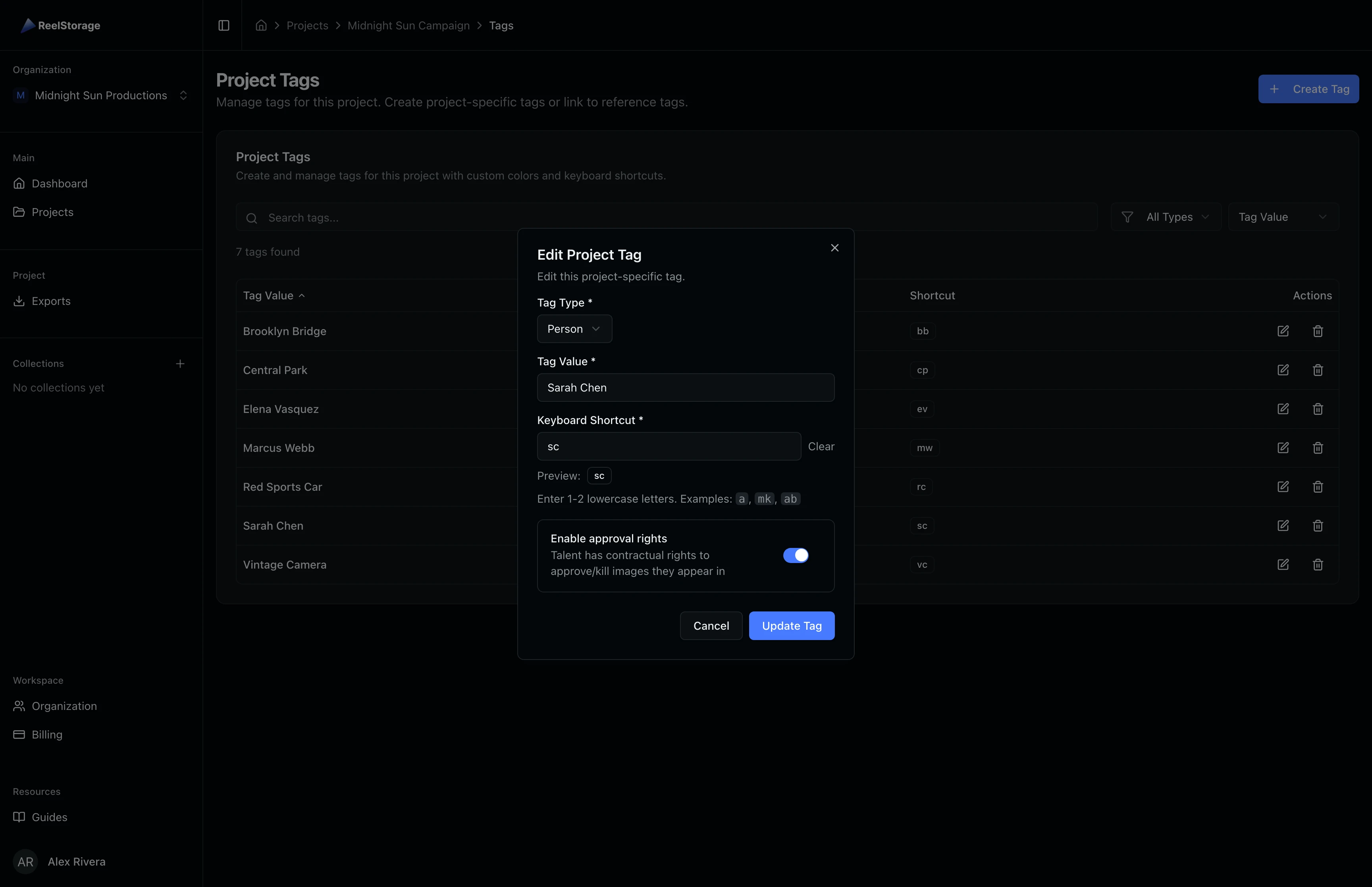 Edit Project Tag dialog with pre-filled fields for the selected tag