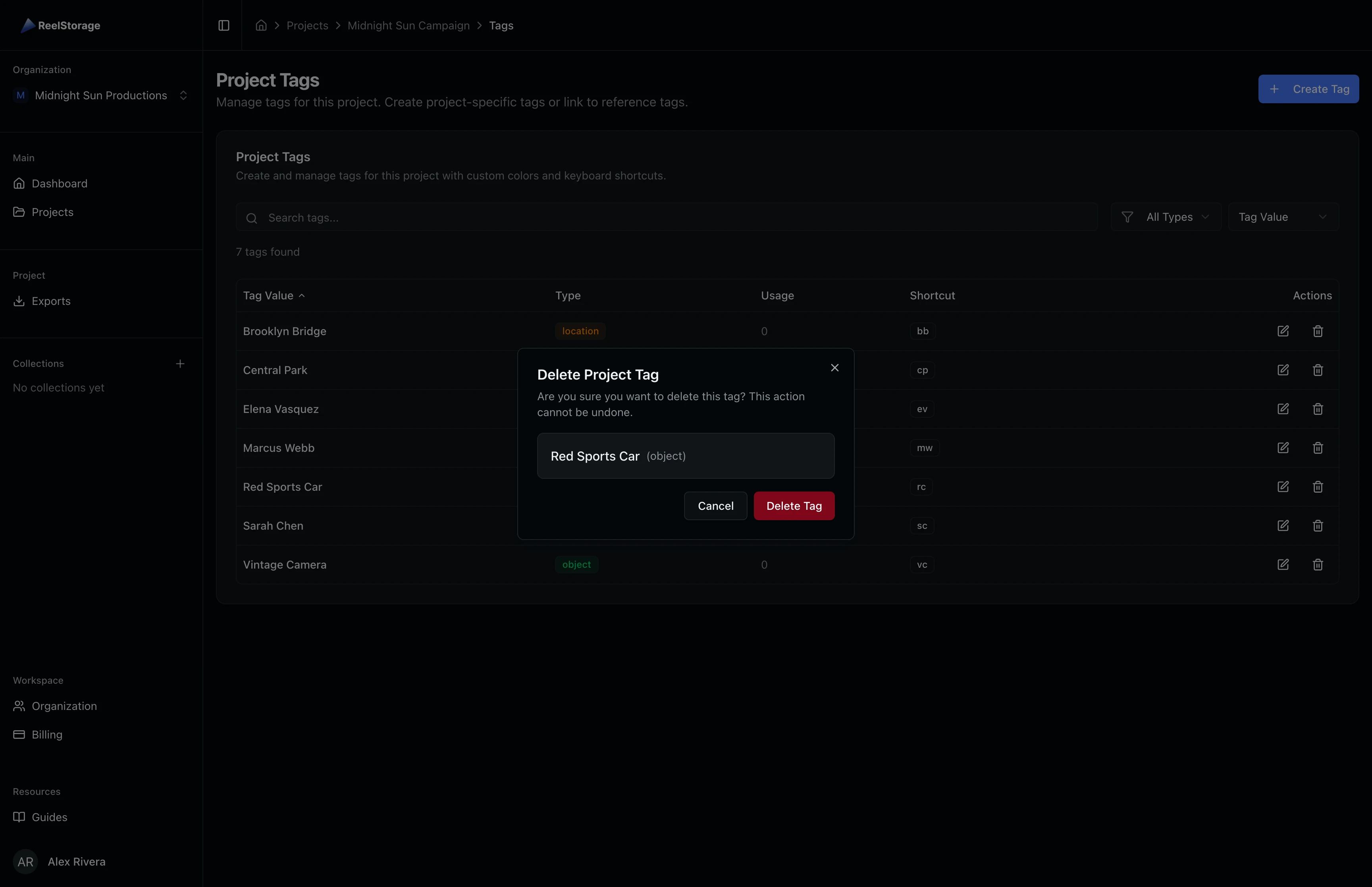 Delete Project Tag confirmation dialog showing tag details and warning