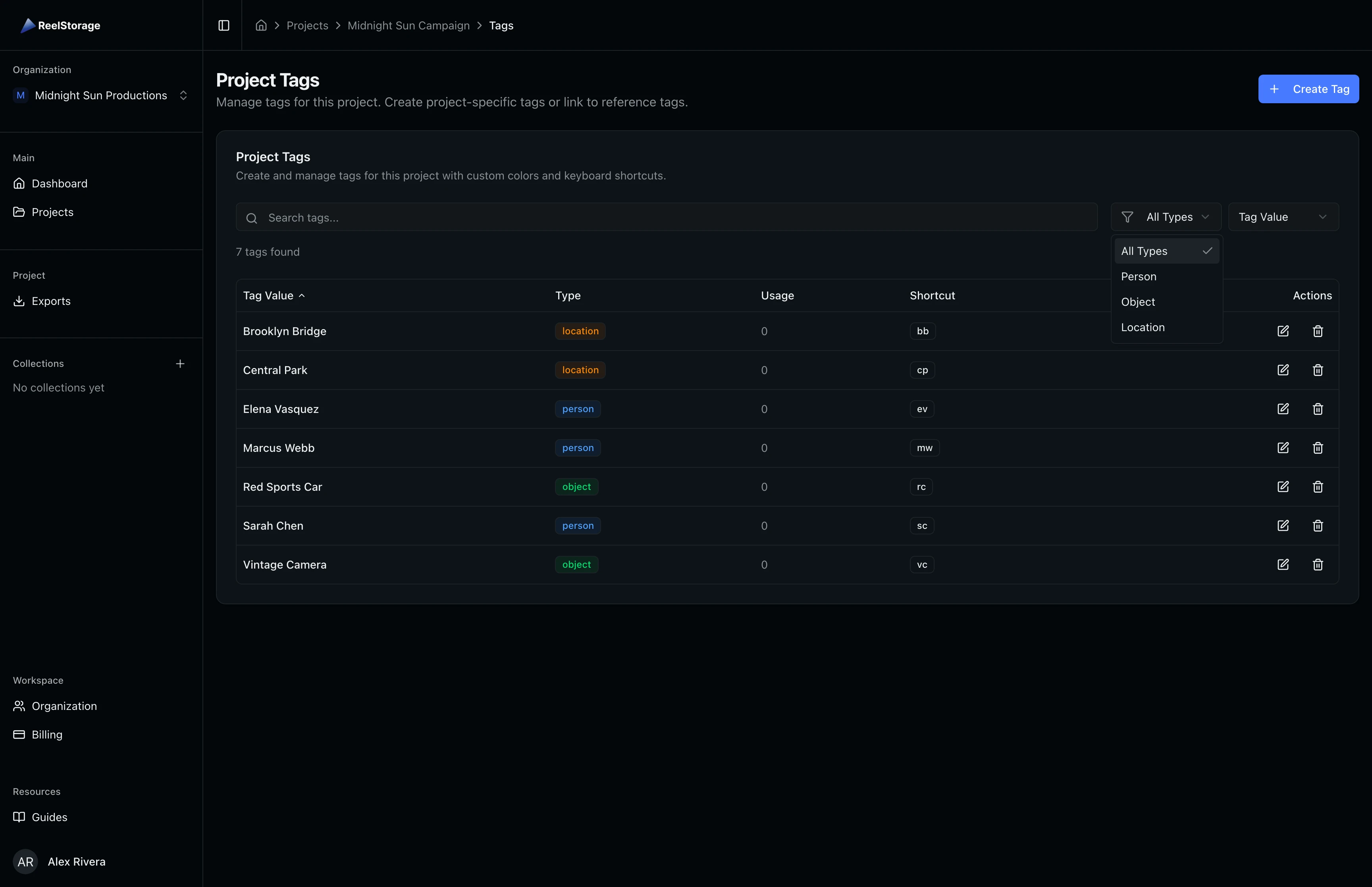 Type filter dropdown showing Person, Object, and Location filter options