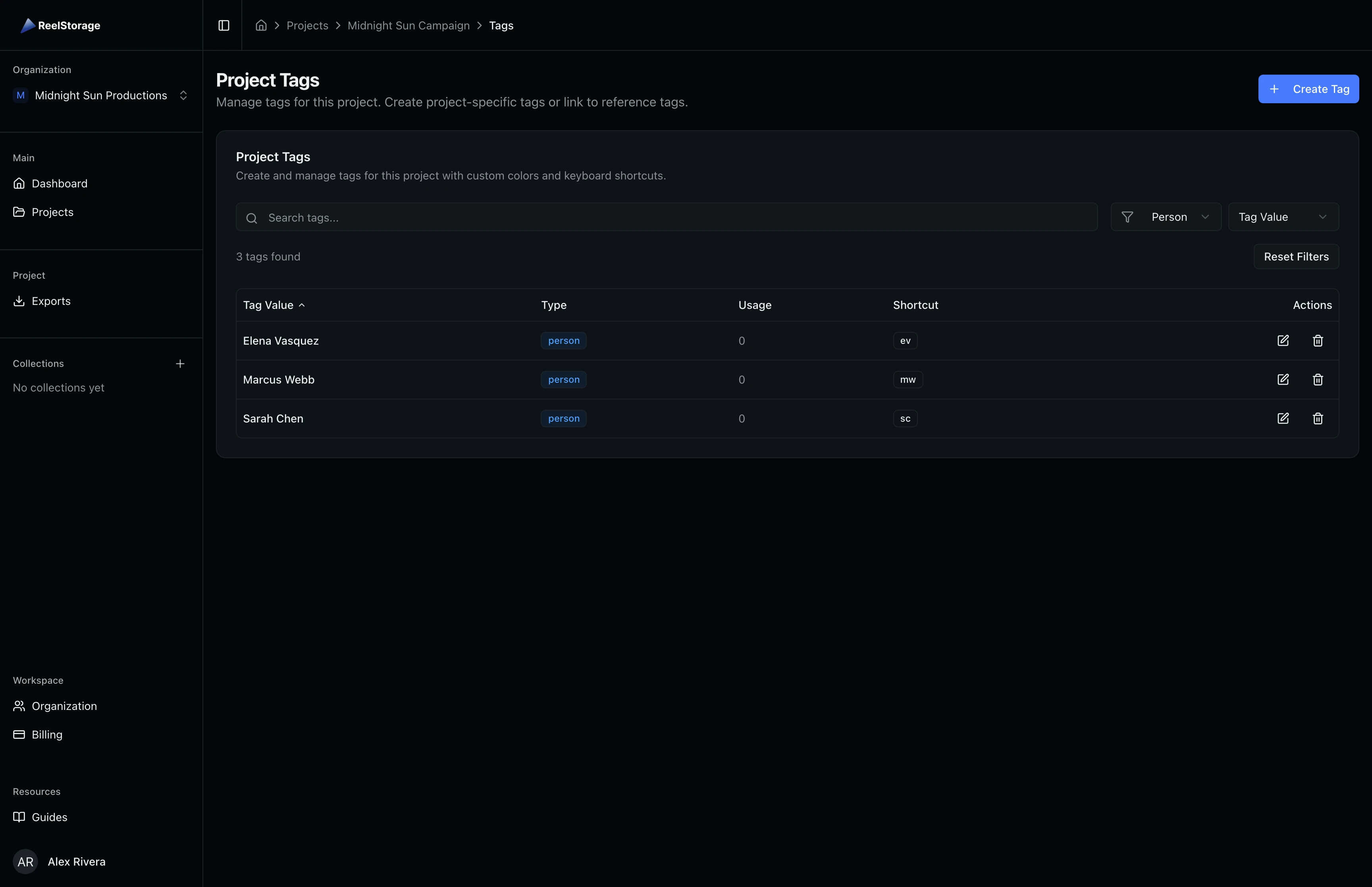 Tag list filtered to show only person tags