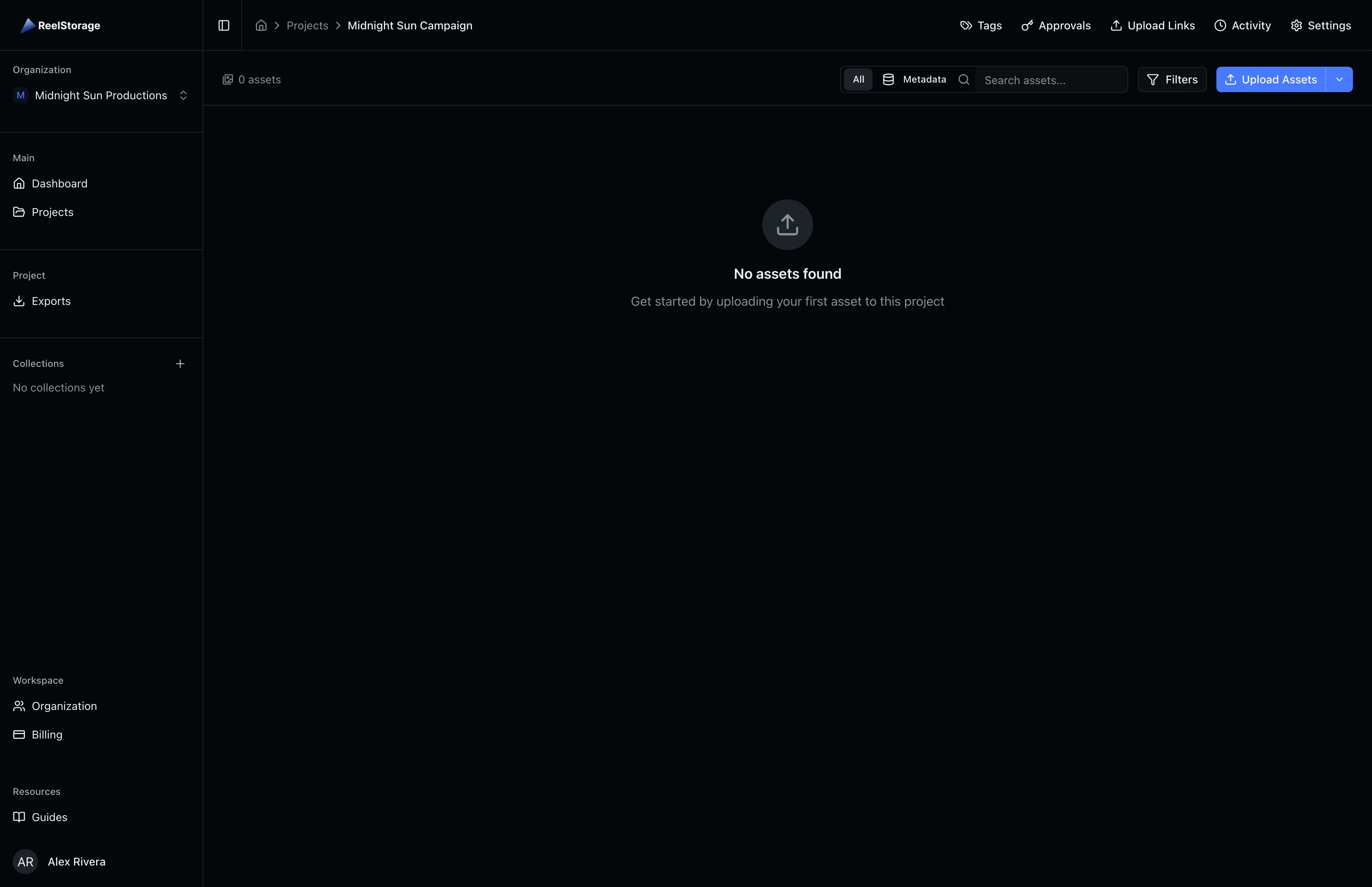 Project page with the Upload Assets button visible in the toolbar