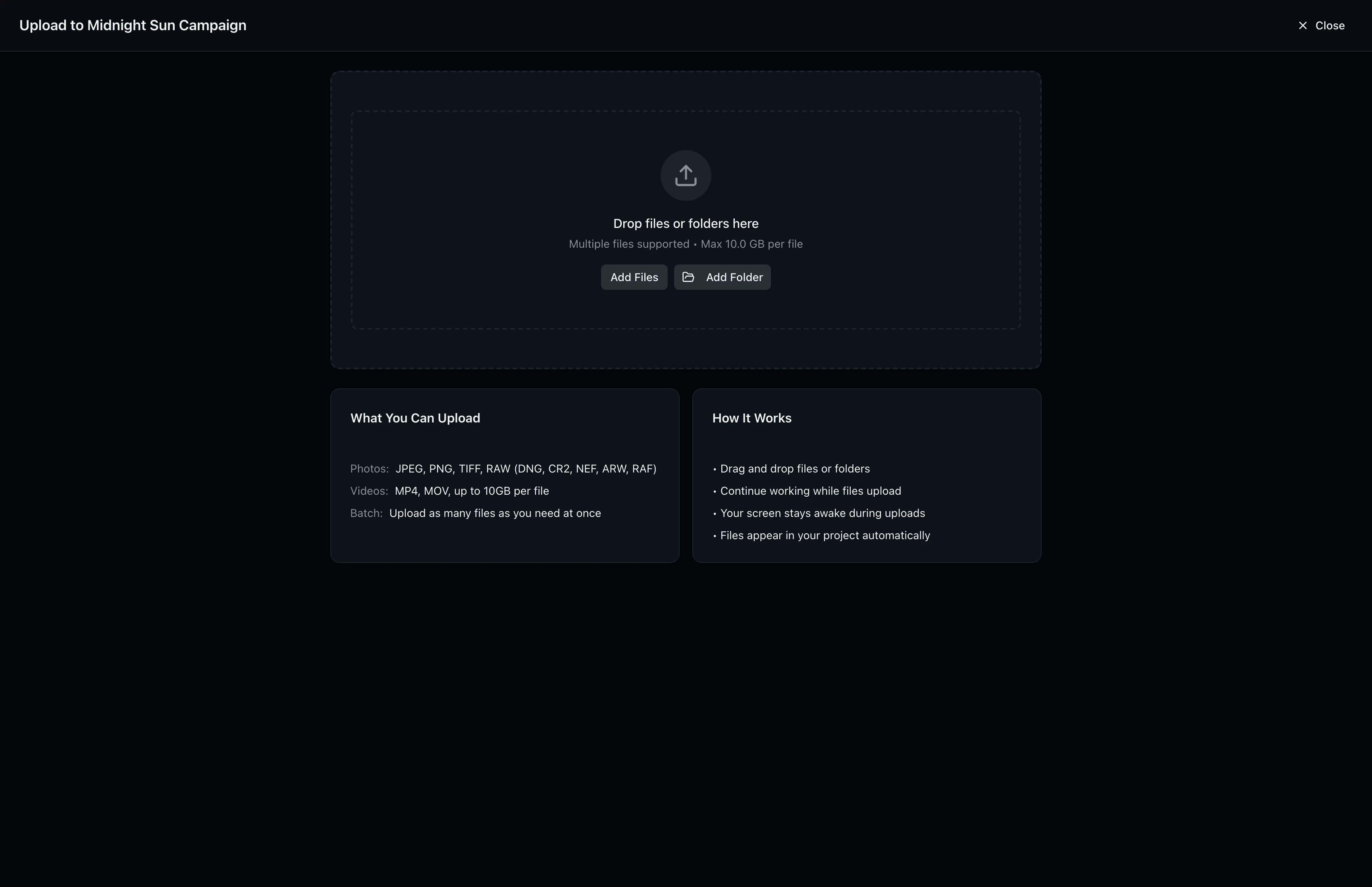 Upload window showing the drag-and-drop zone with supported format details