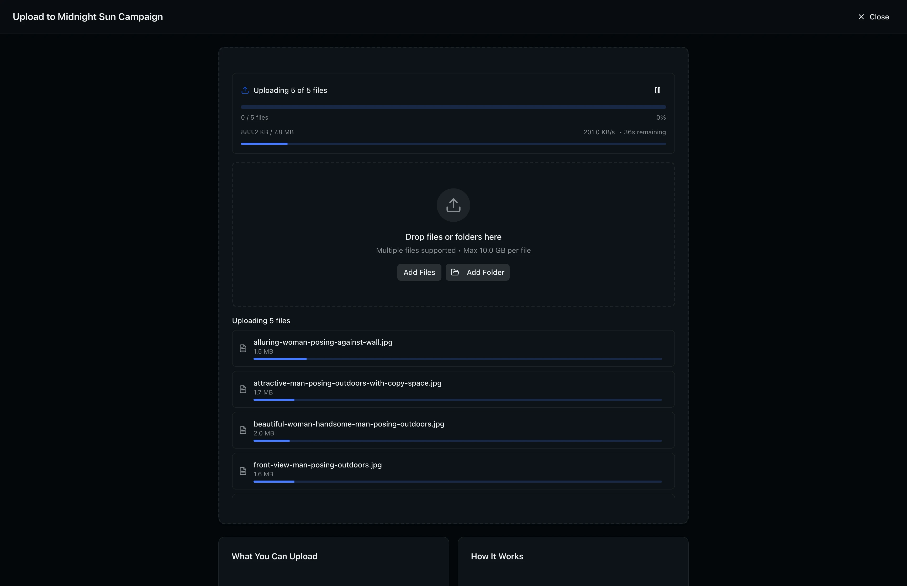 Upload window with files uploading, showing individual progress for each file