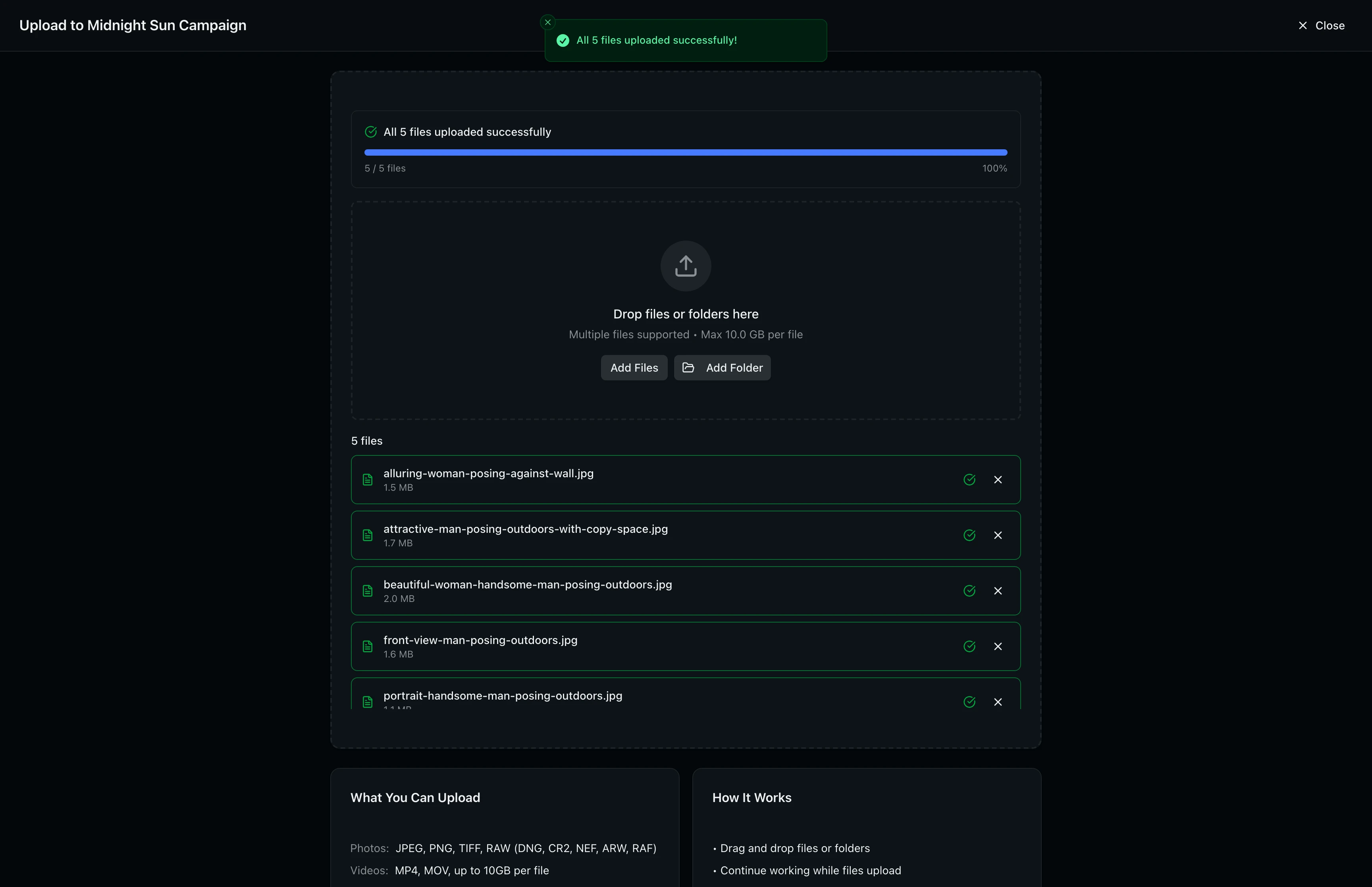 Upload window showing all files uploaded successfully with completion indicators