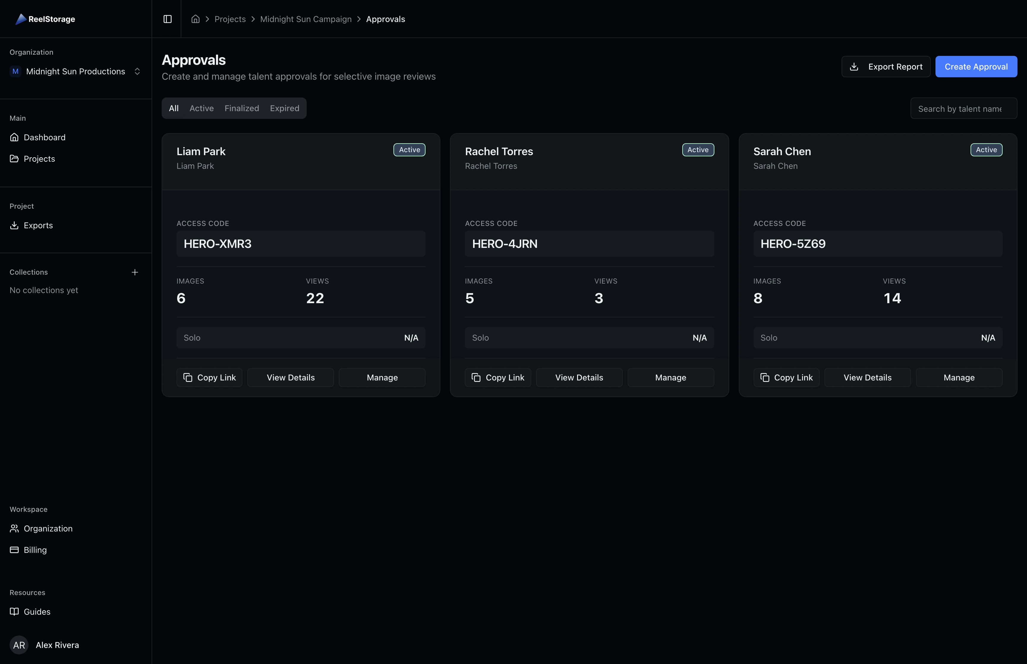 The approvals list page showing approval cards for Sarah Chen, Rachel Torres, and Liam Park with status badges and approval statistics