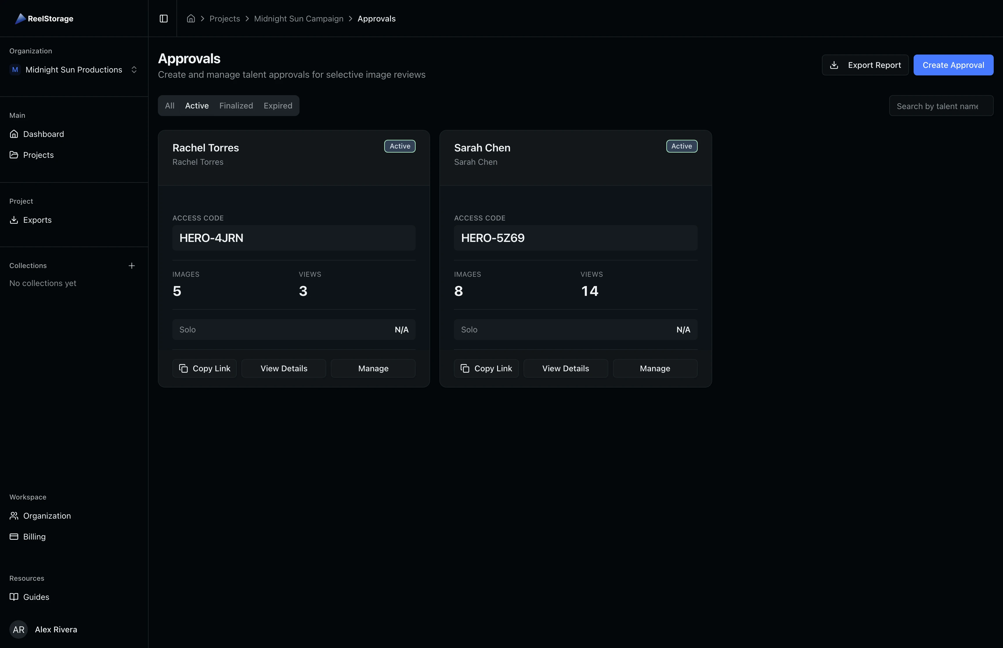 The approvals list filtered to Active status showing only currently accessible approvals