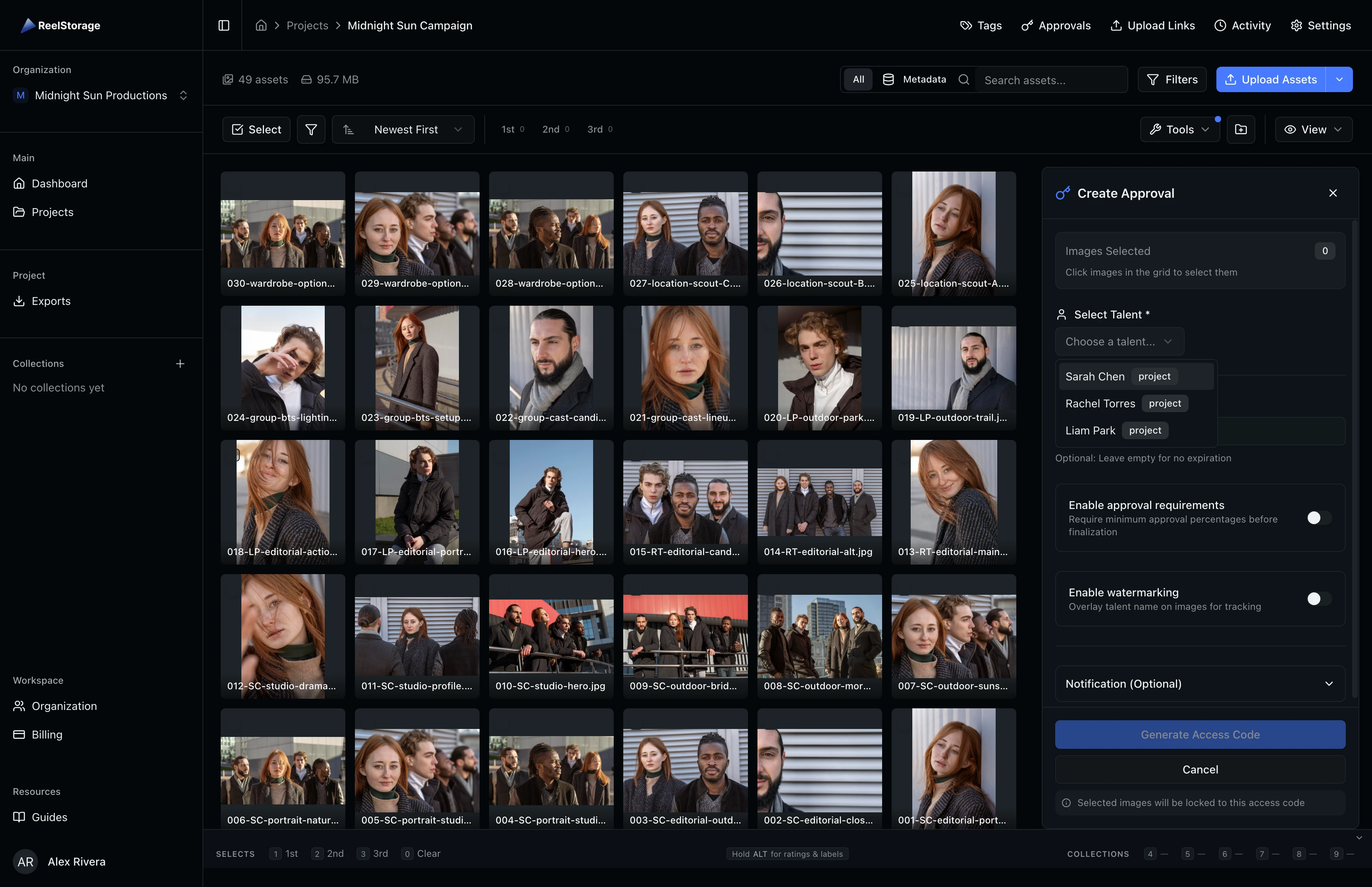 The talent selection dropdown open showing available talent options including Sarah Chen, Rachel Torres, and Liam Park