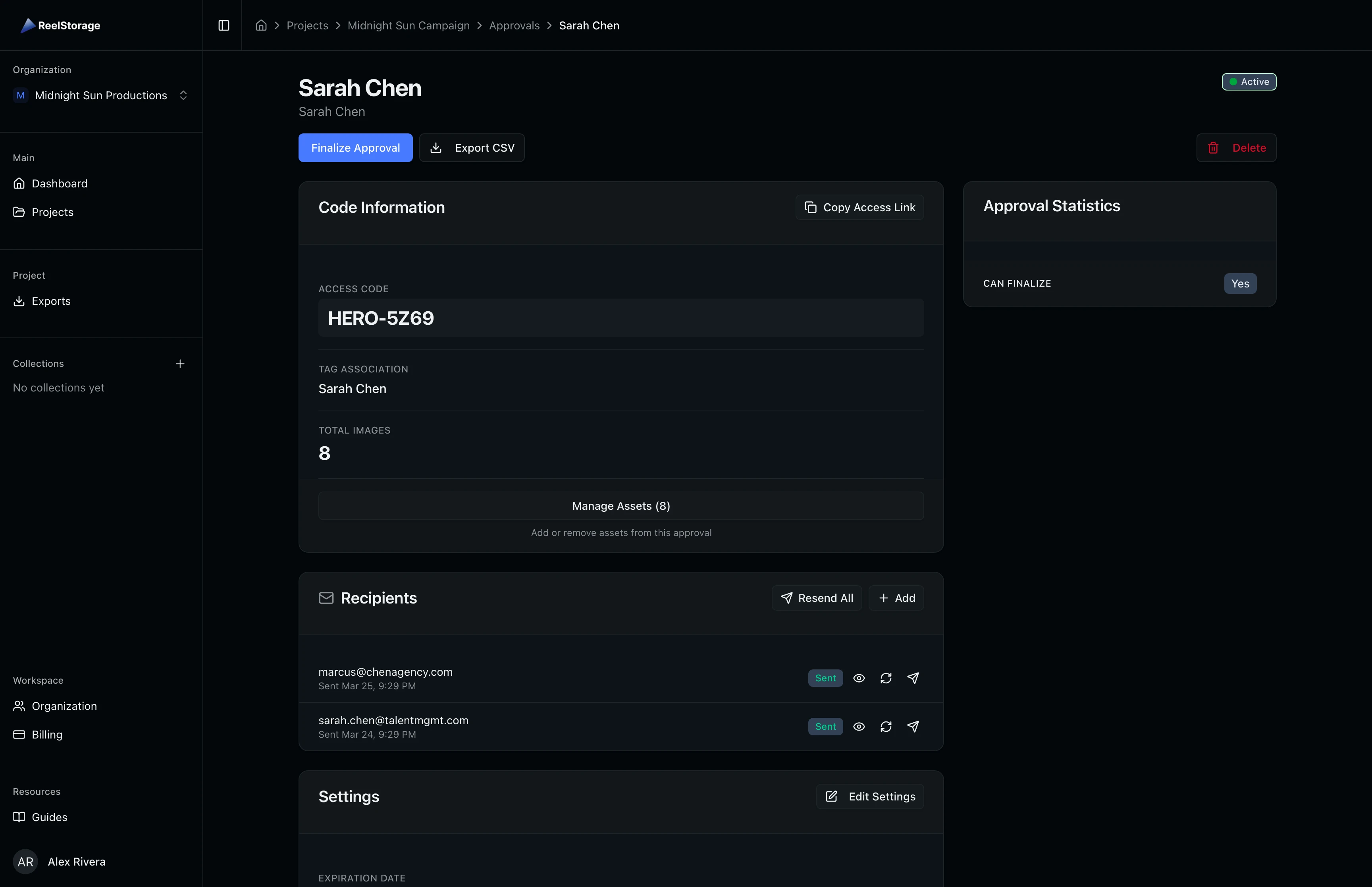 Approval detail page showing Sarah Chen as the talent, the access code card with code display and image count