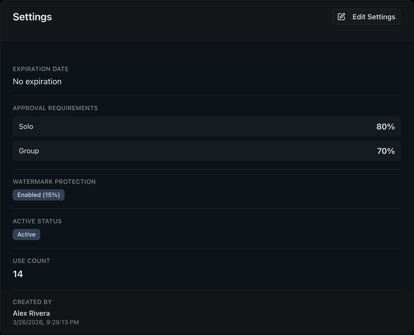 Approval settings card showing expiration date, approval percentages, watermark opacity, and usage statistics