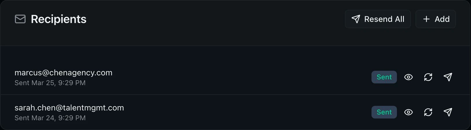 Recipients card showing Sarah Chen and Marcus Chen with sent dates and delivery status badges