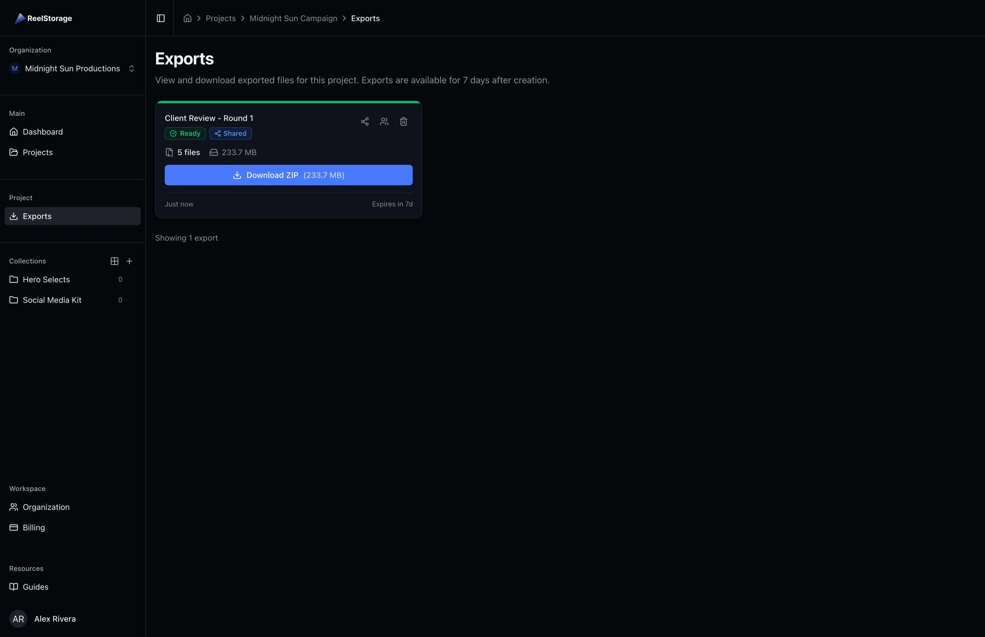 Exports page showing a ready export card with download and sharing options