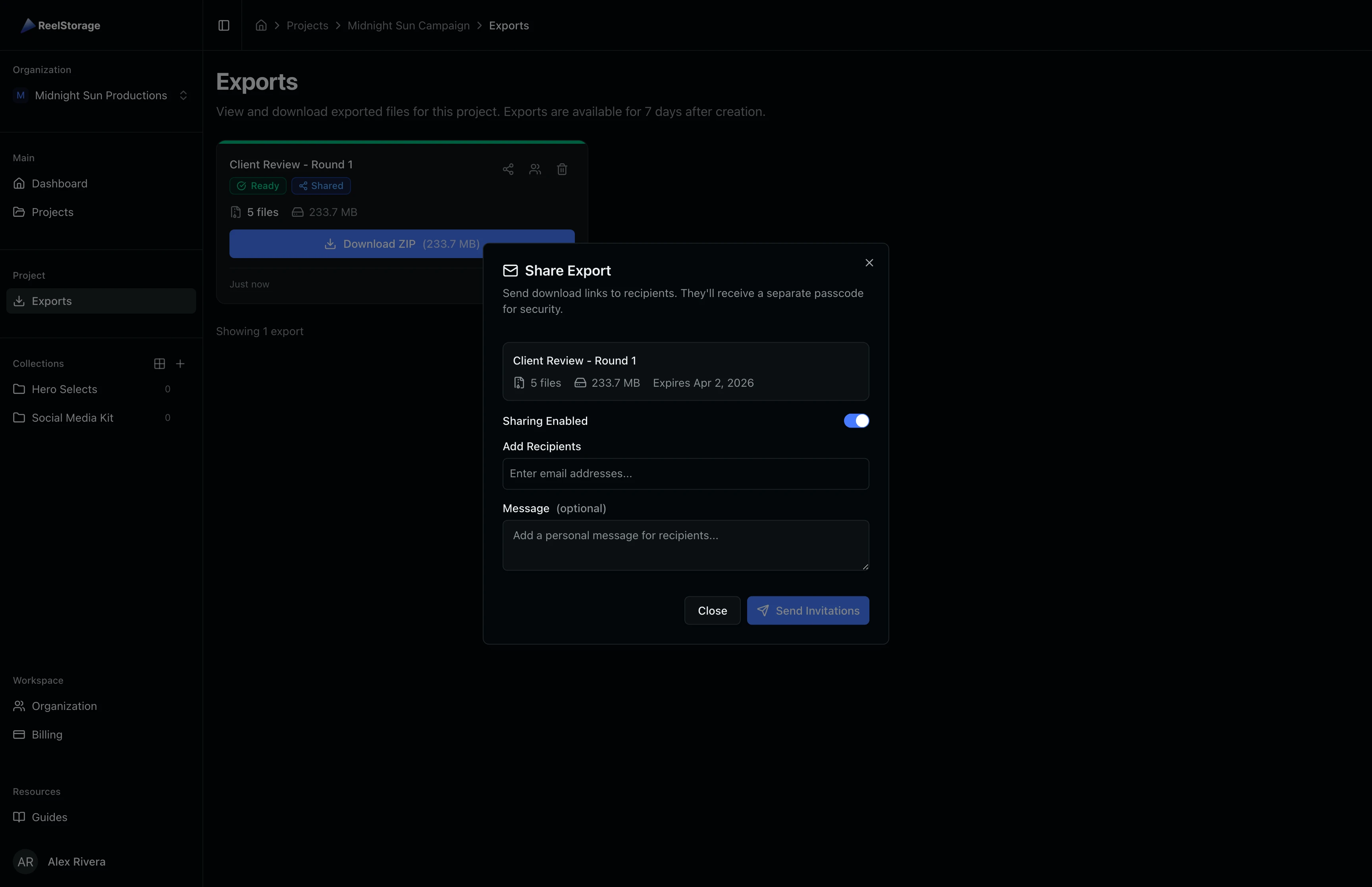 Share Export dialog with sharing enabled toggle, email input, and optional message field