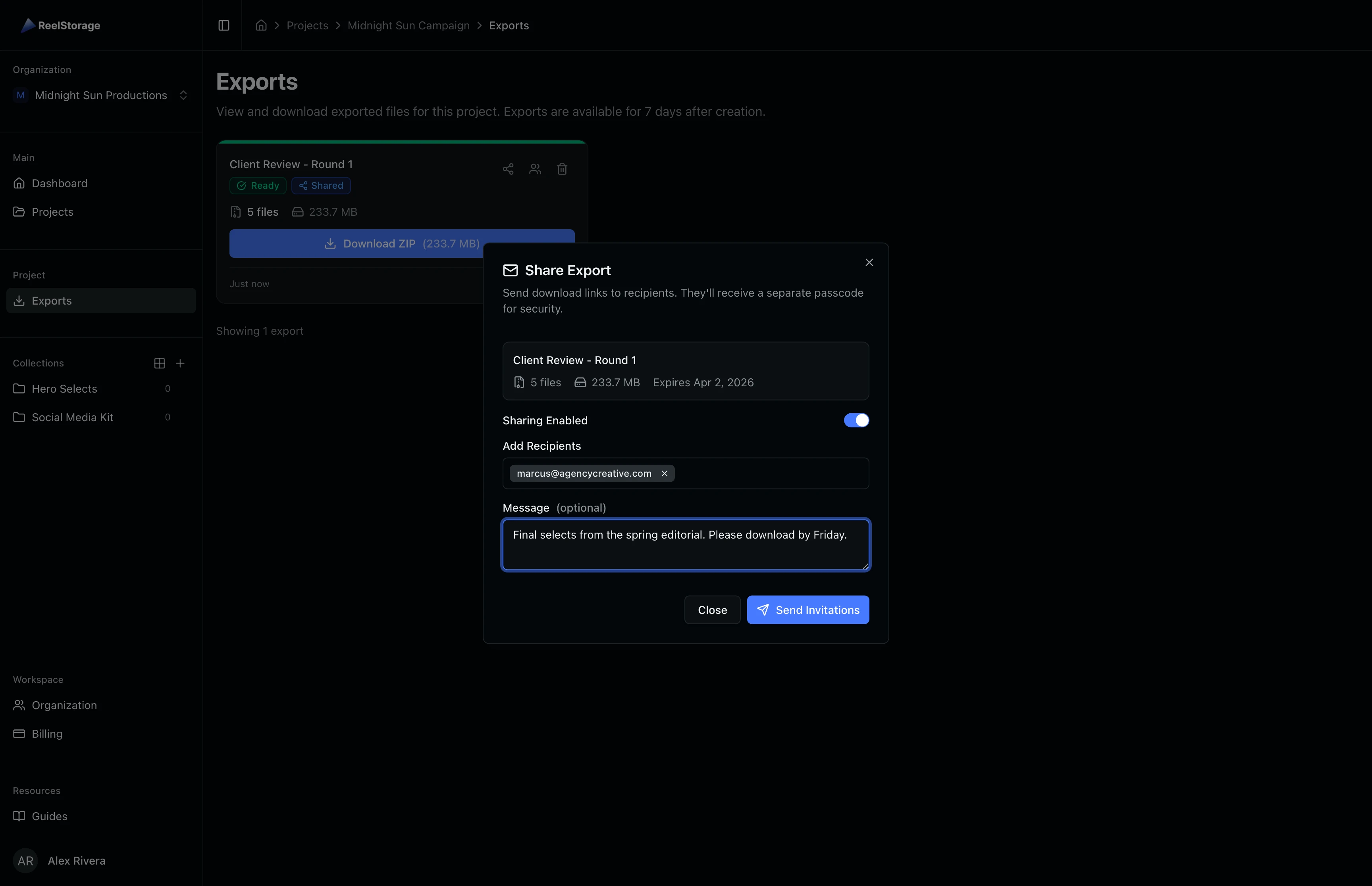 Share Export dialog with a recipient email added and a message filled in