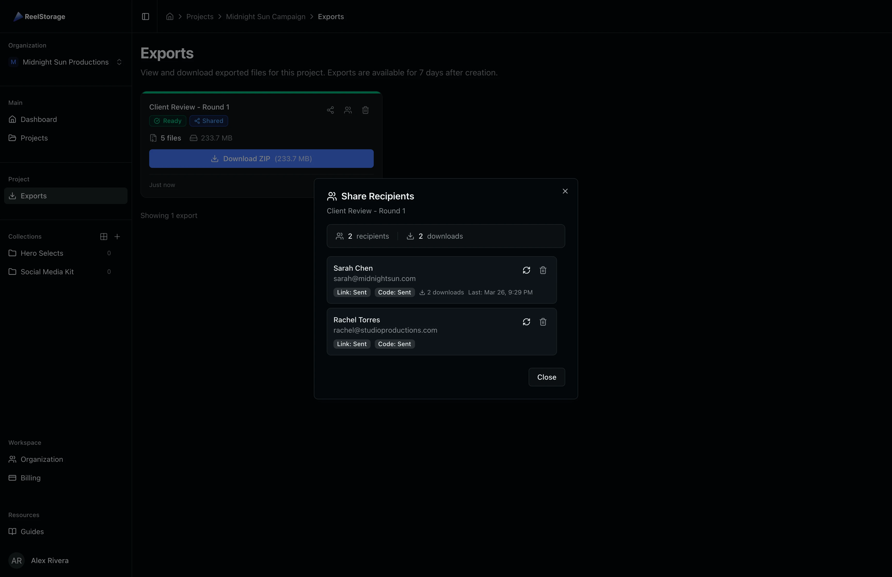 Share Recipients dialog showing recipient details with email status badges and action buttons