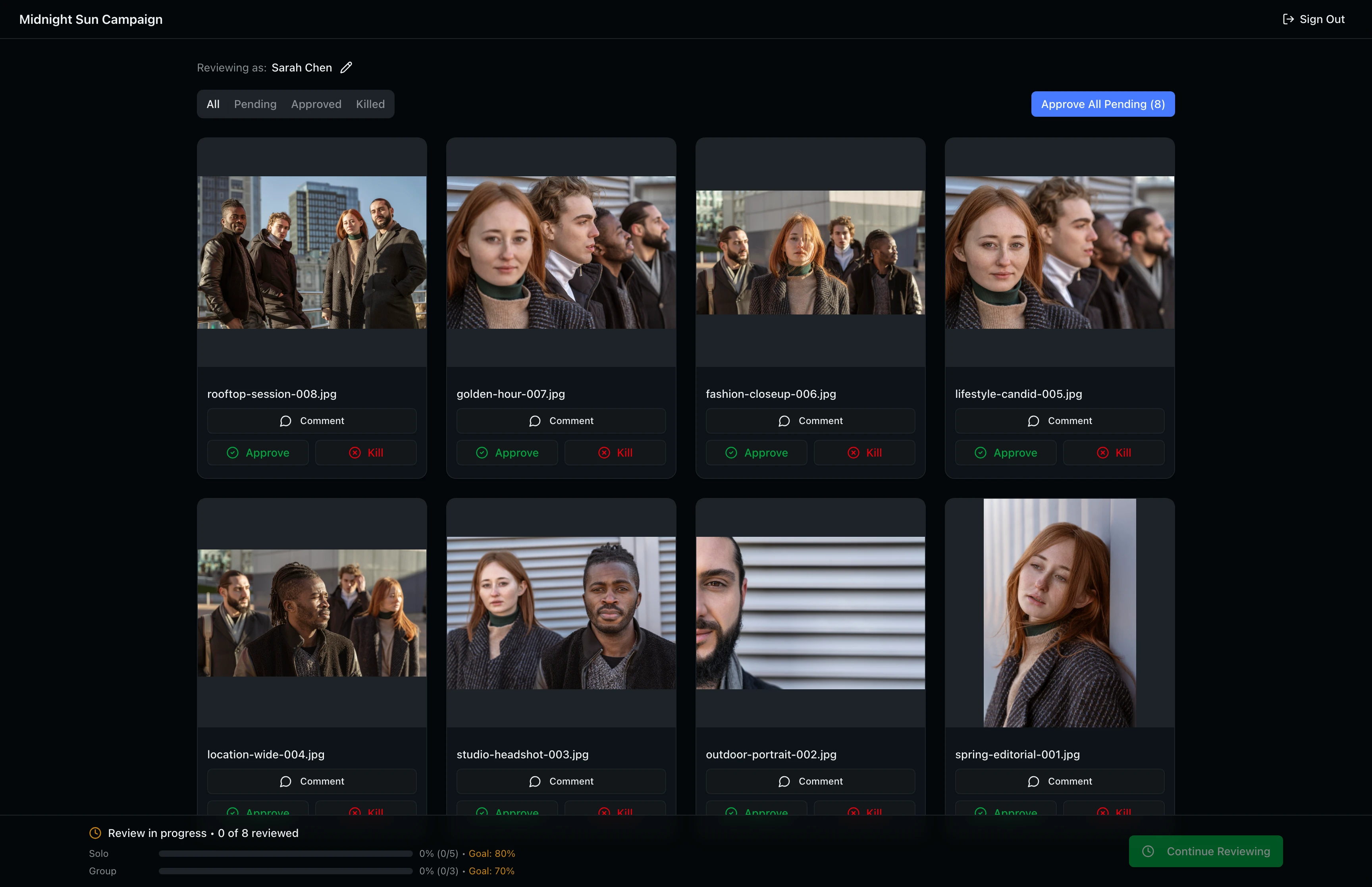Talent approval grid showing eight image cards with photo thumbnails, approve and kill buttons, and filter tabs at the top