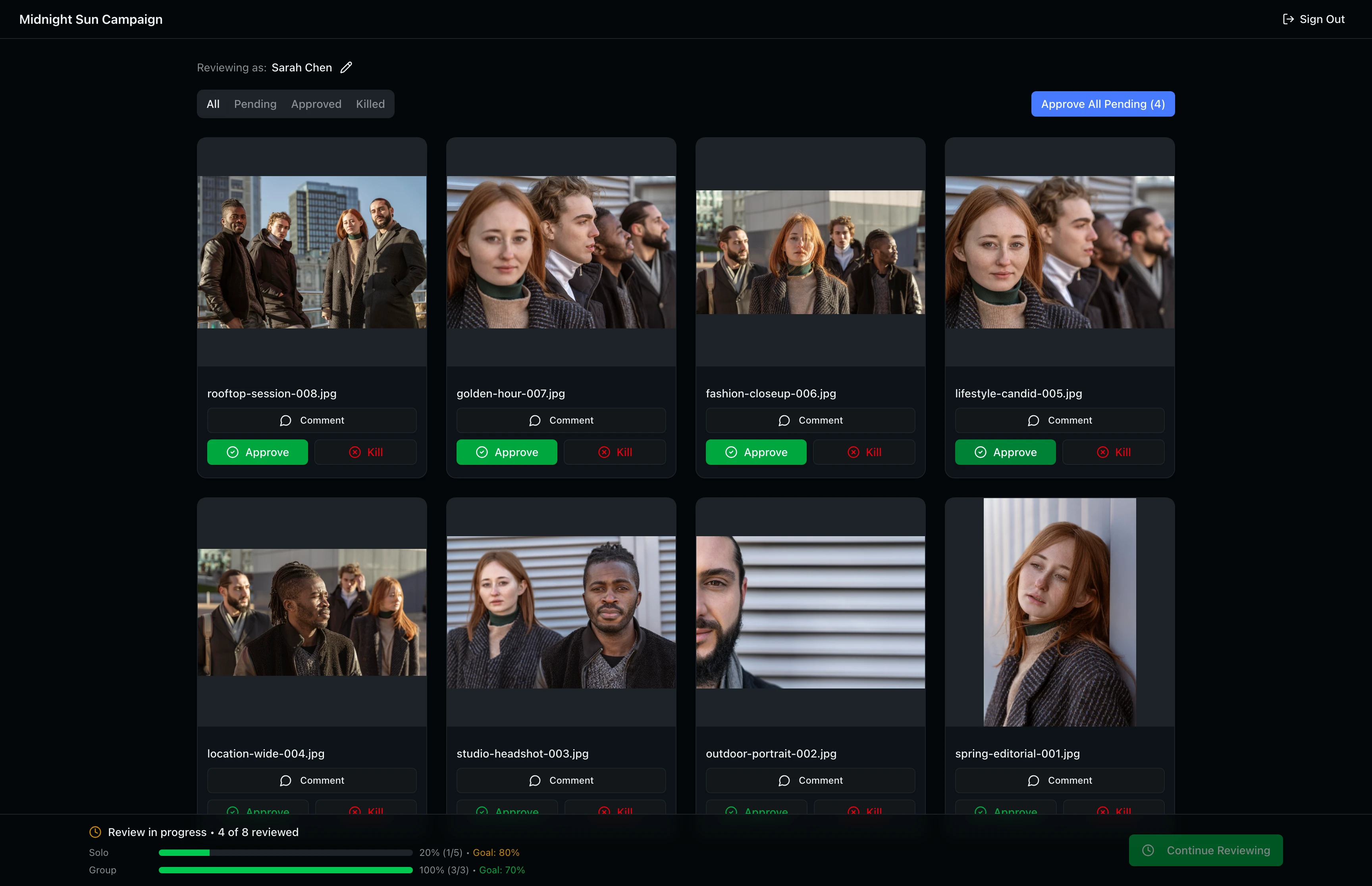 The approval grid with four images approved showing green Approve buttons, and the progress bar showing 4 of 8 reviewed