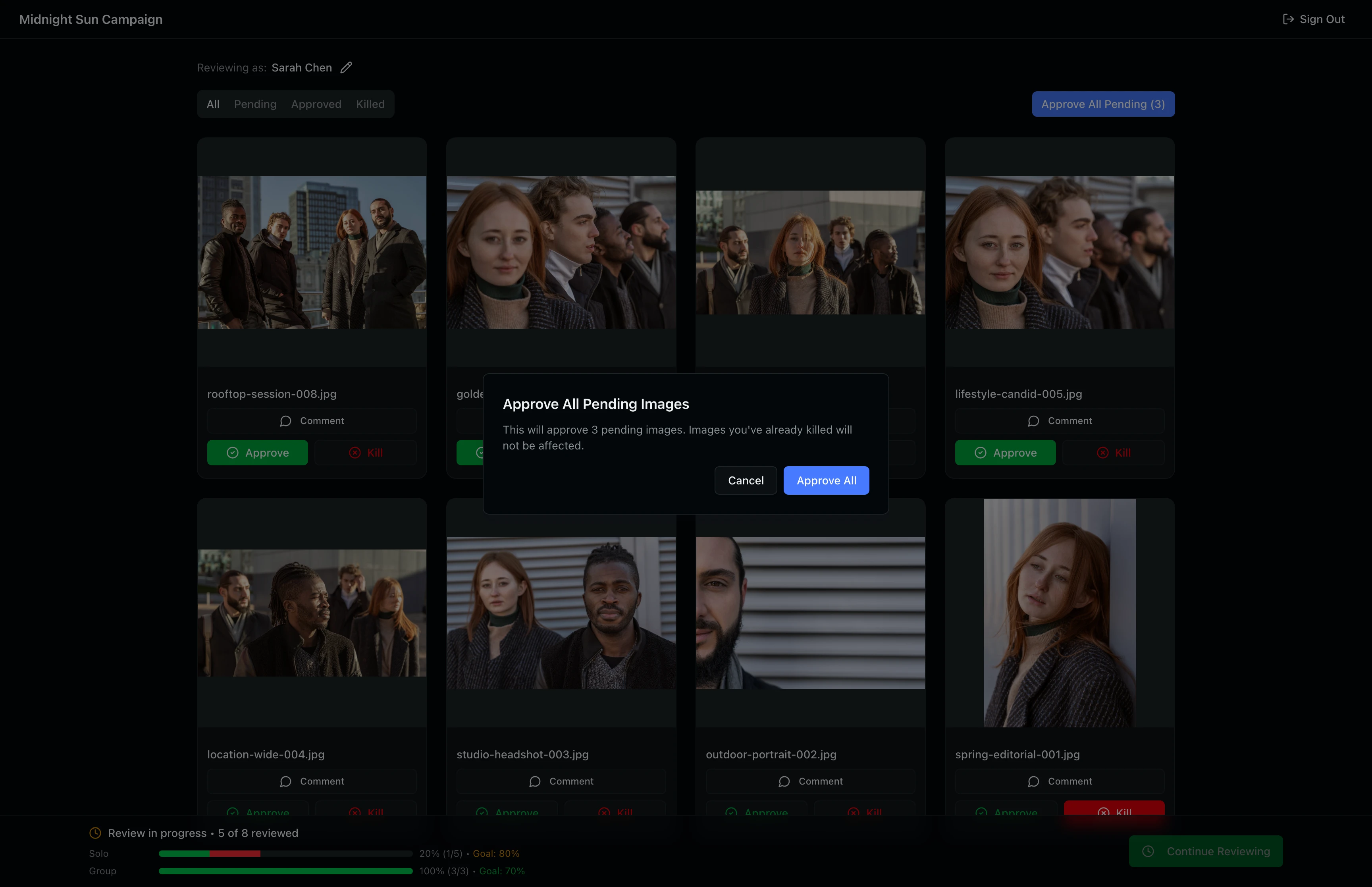 The Approve All Pending Images confirmation dialog overlaying the approval grid, with Cancel and Approve All buttons