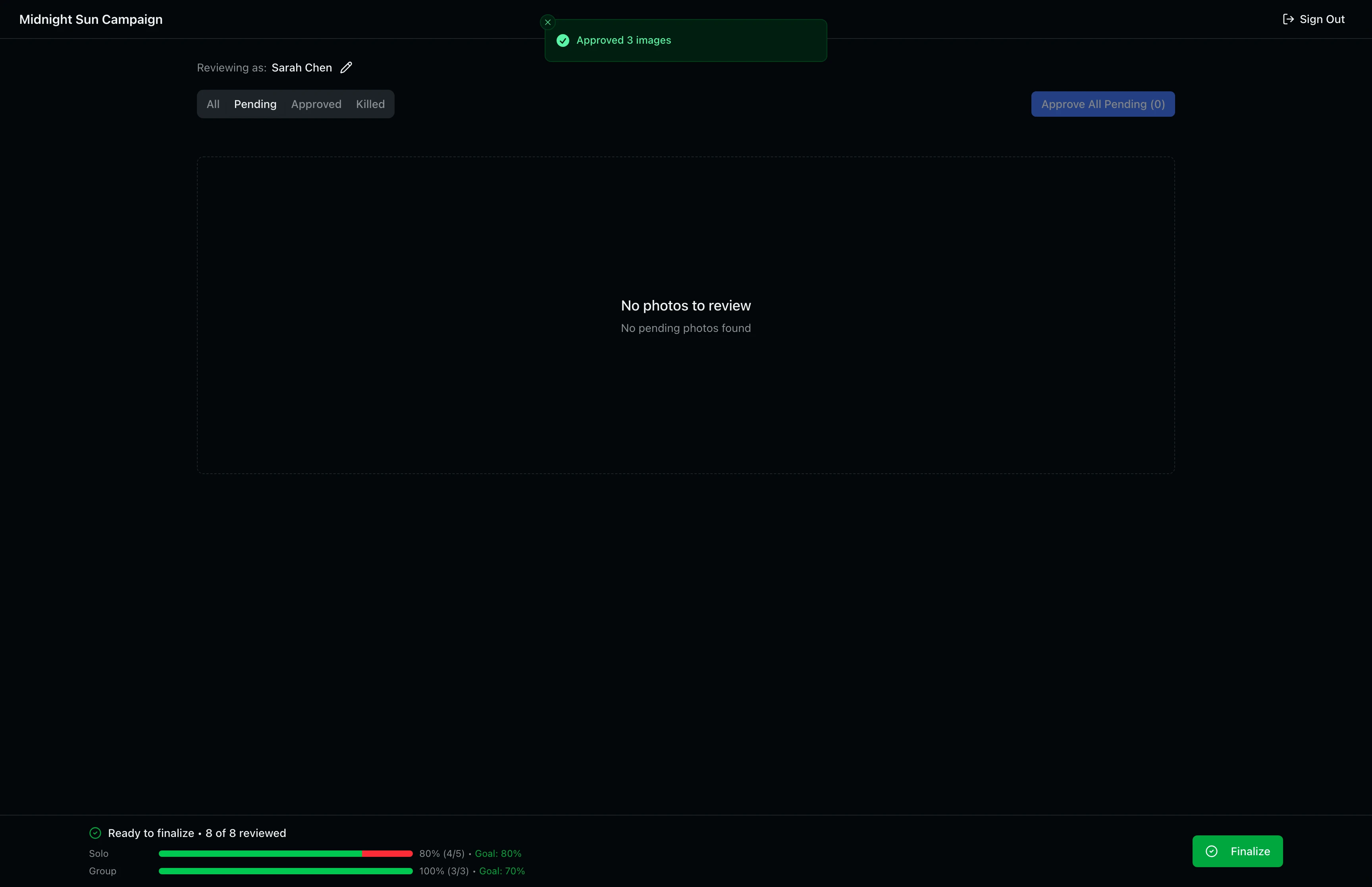 The Pending tab selected showing no remaining photos to review, with the progress bar showing 8 of 8 reviewed, Solo 80 percent and Group 100 percent goals met