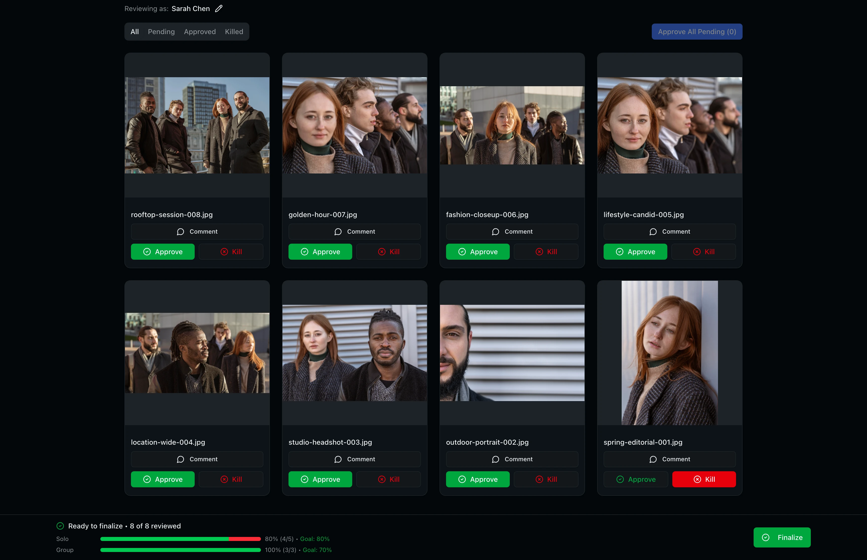 The approval grid with all decisions made and the sticky bottom bar showing the green Finalize button
