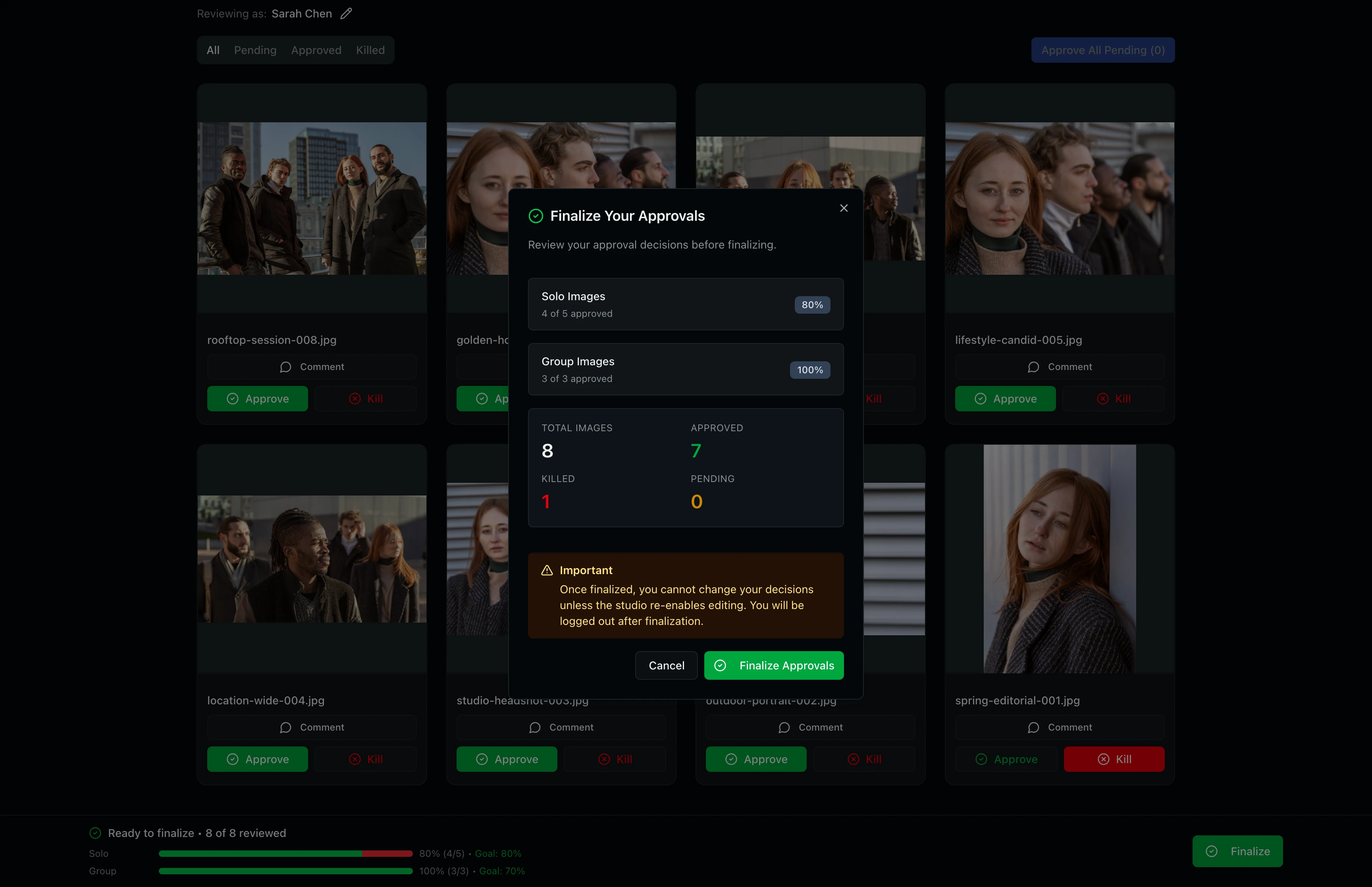The Finalize Your Approvals confirmation dialog showing solo and group image percentages, total 8 images with 7 approved and 1 killed