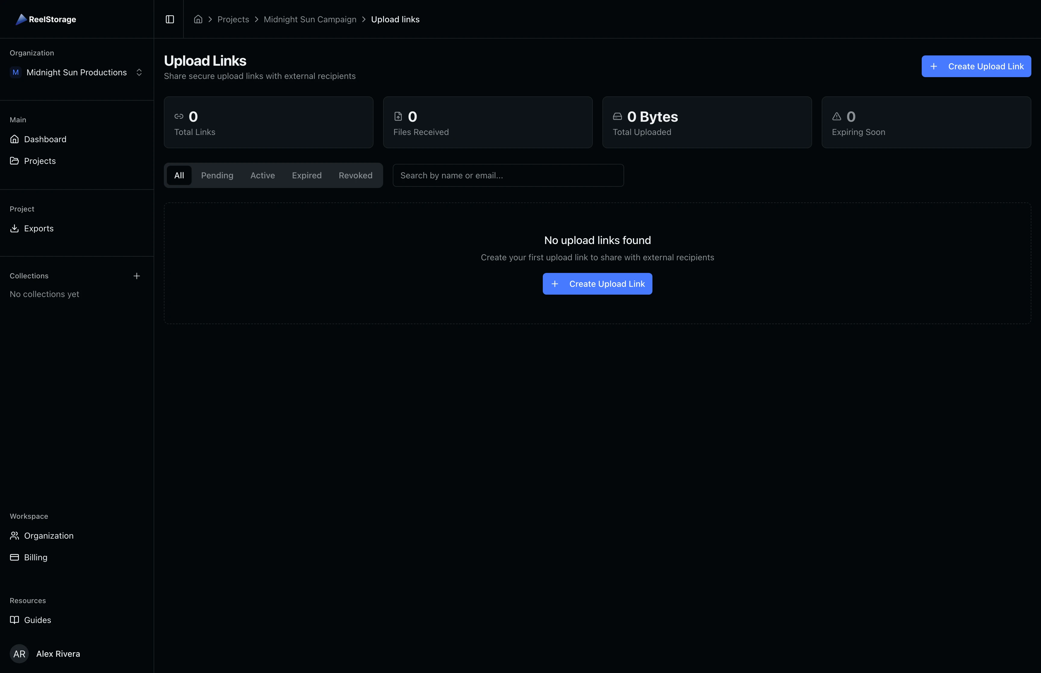 Upload Links page showing stats cards and an empty state with a Create Upload Link button