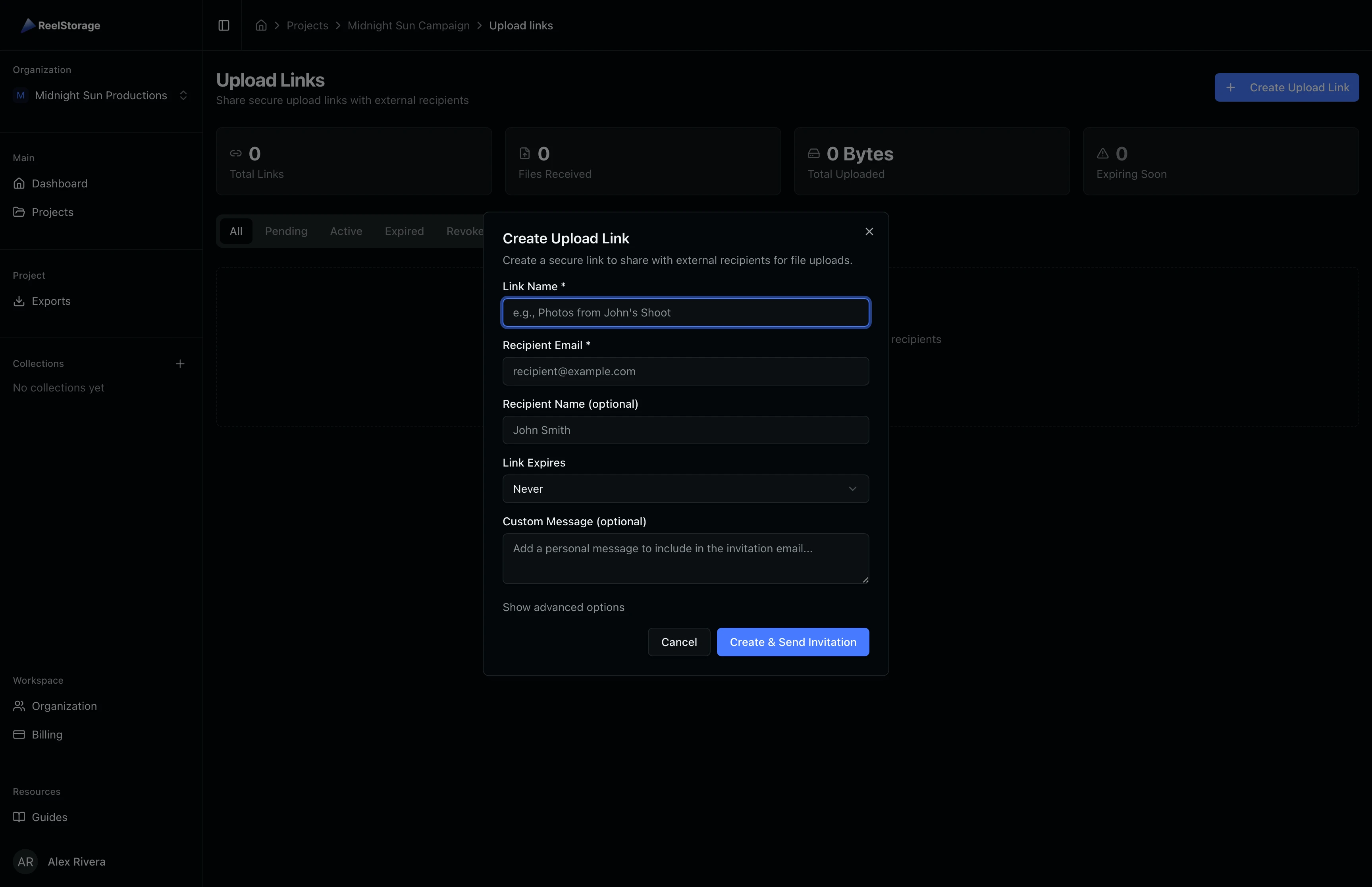 Create Upload Link dialog with fields for name, recipient email, expiration, and custom message