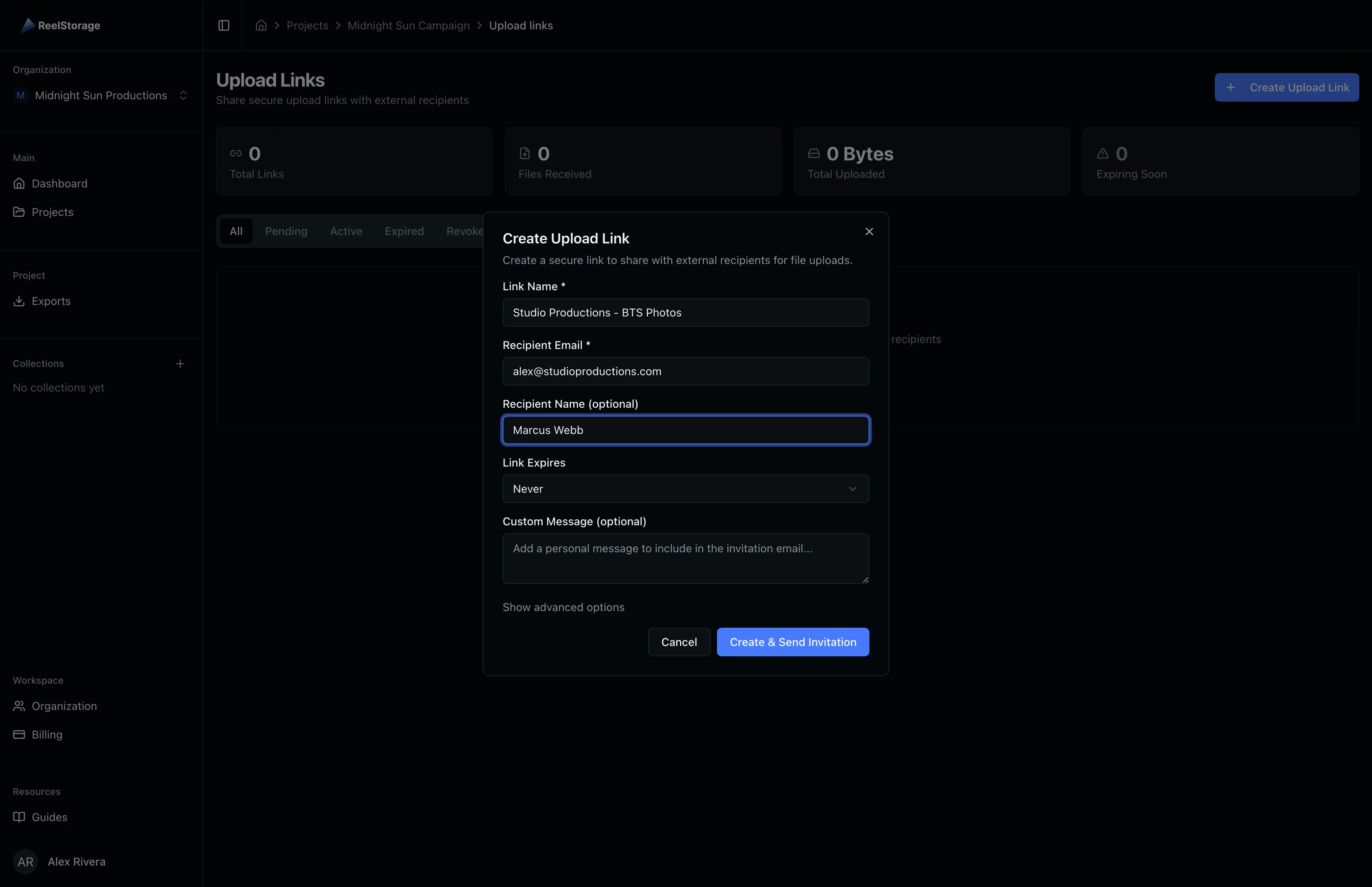 Create Upload Link dialog with link name set to Studio Productions - BTS Photos, recipient email, and recipient name Marcus Webb filled in