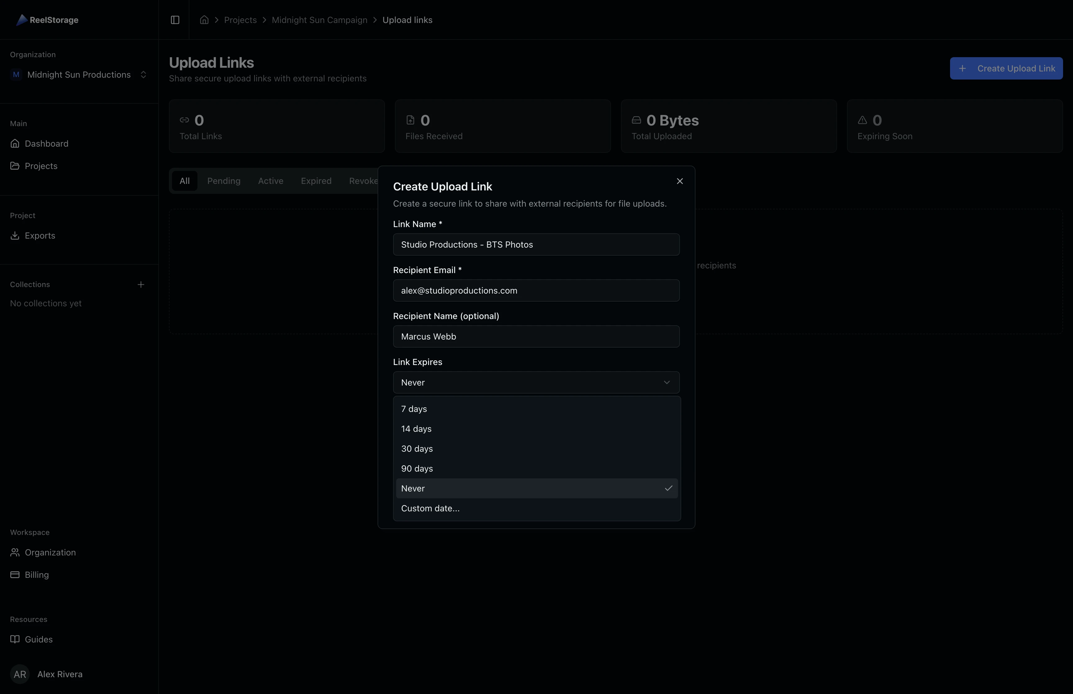 Link Expires dropdown open showing options for 7, 14, 30, 90 days, Never, and Custom date