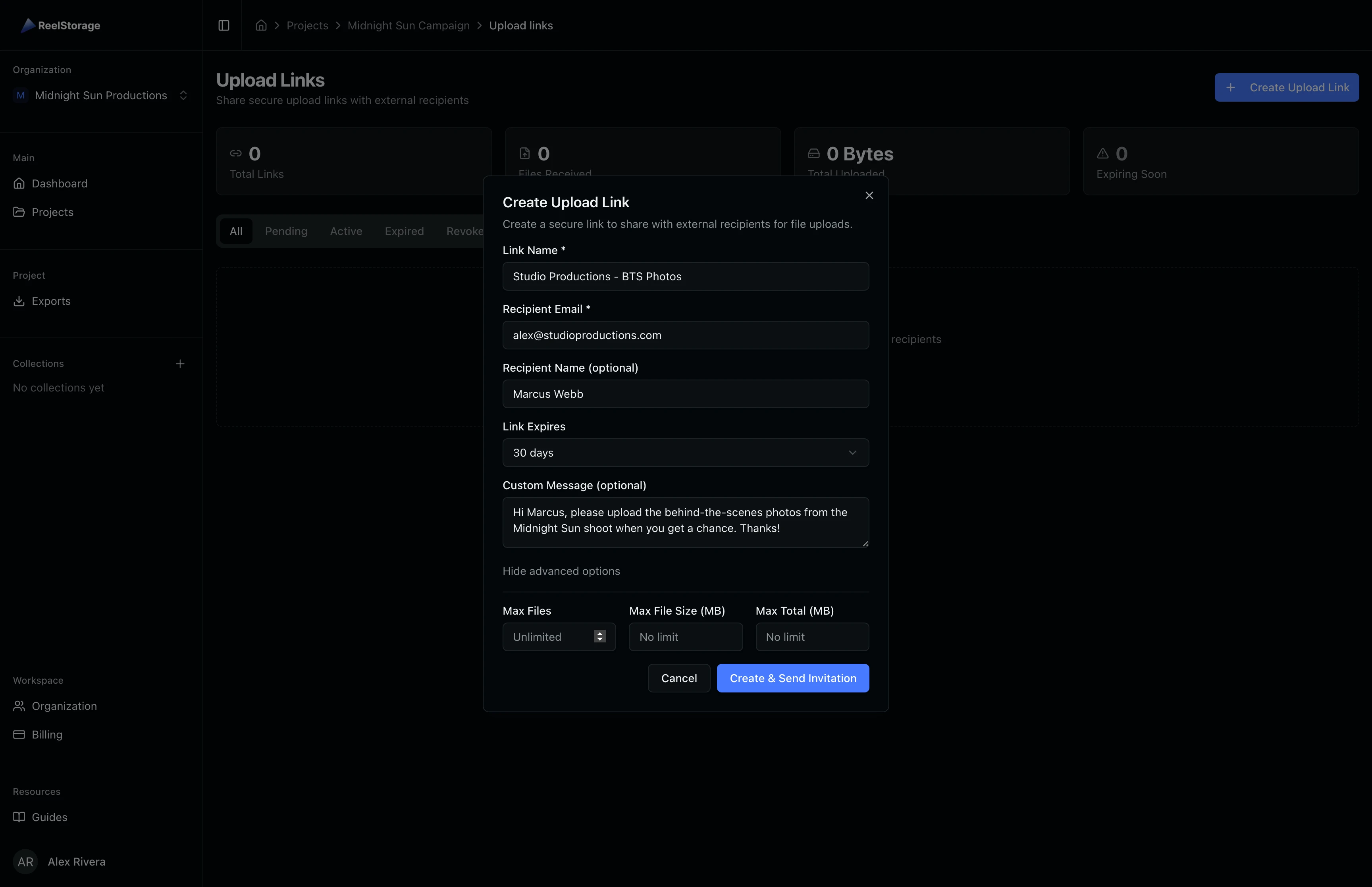 Advanced options section showing Max Files, Max File Size, and Max Total fields